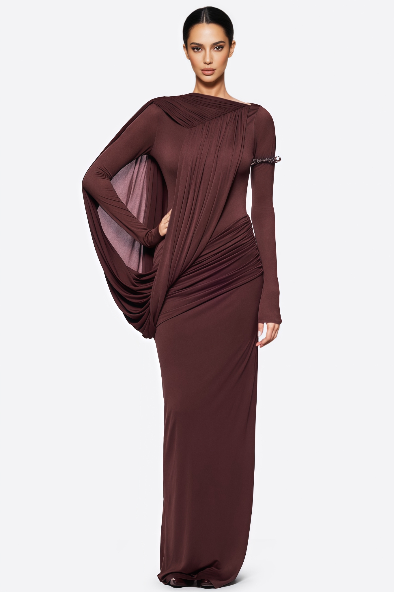 Goyvin Brown Long Sleeve Mesh Maxi Dress