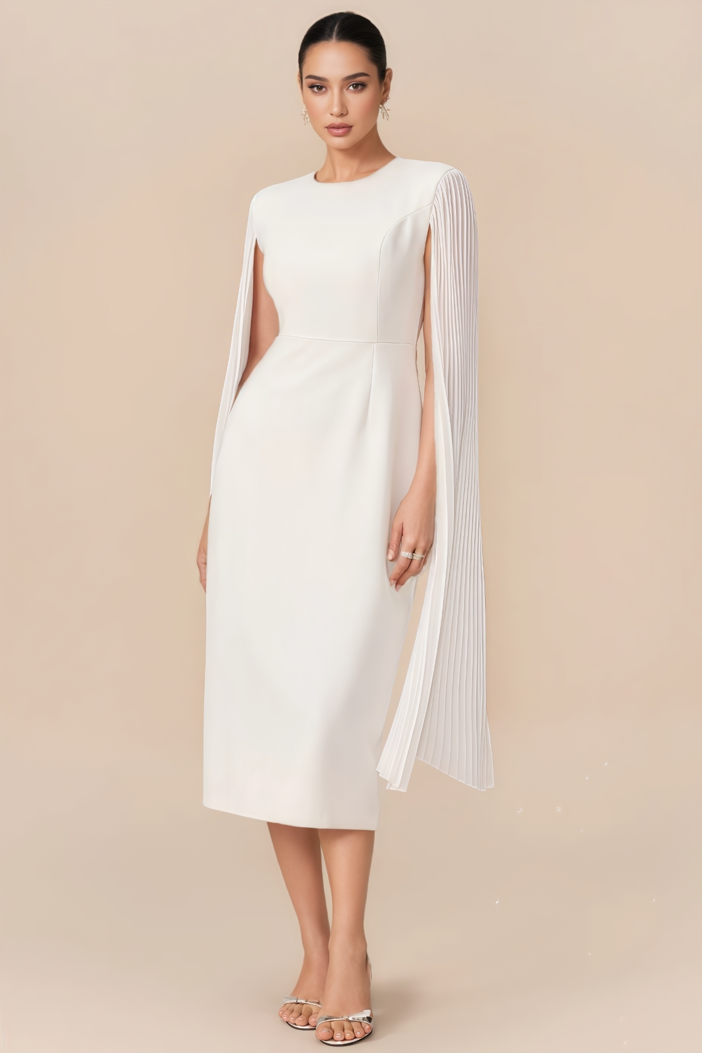 Flaire White Cape Round Neck Midi Dress