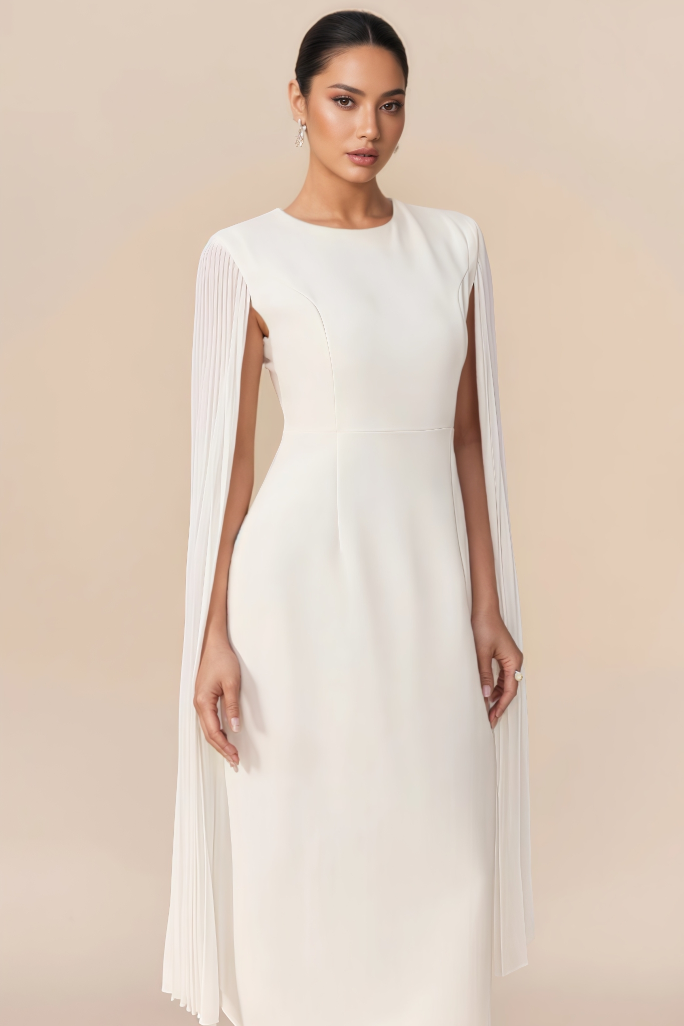 Flaire White Cape Round Neck Midi Dress