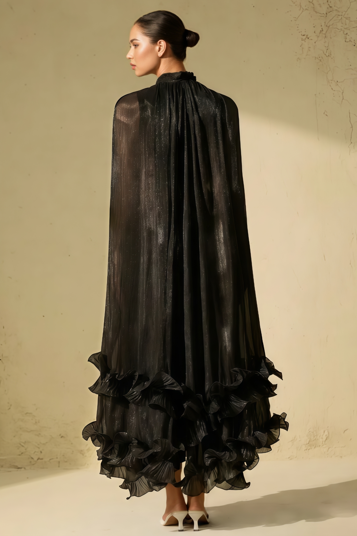 Wrend Black Cape Effect Ruffled Maxi Dress