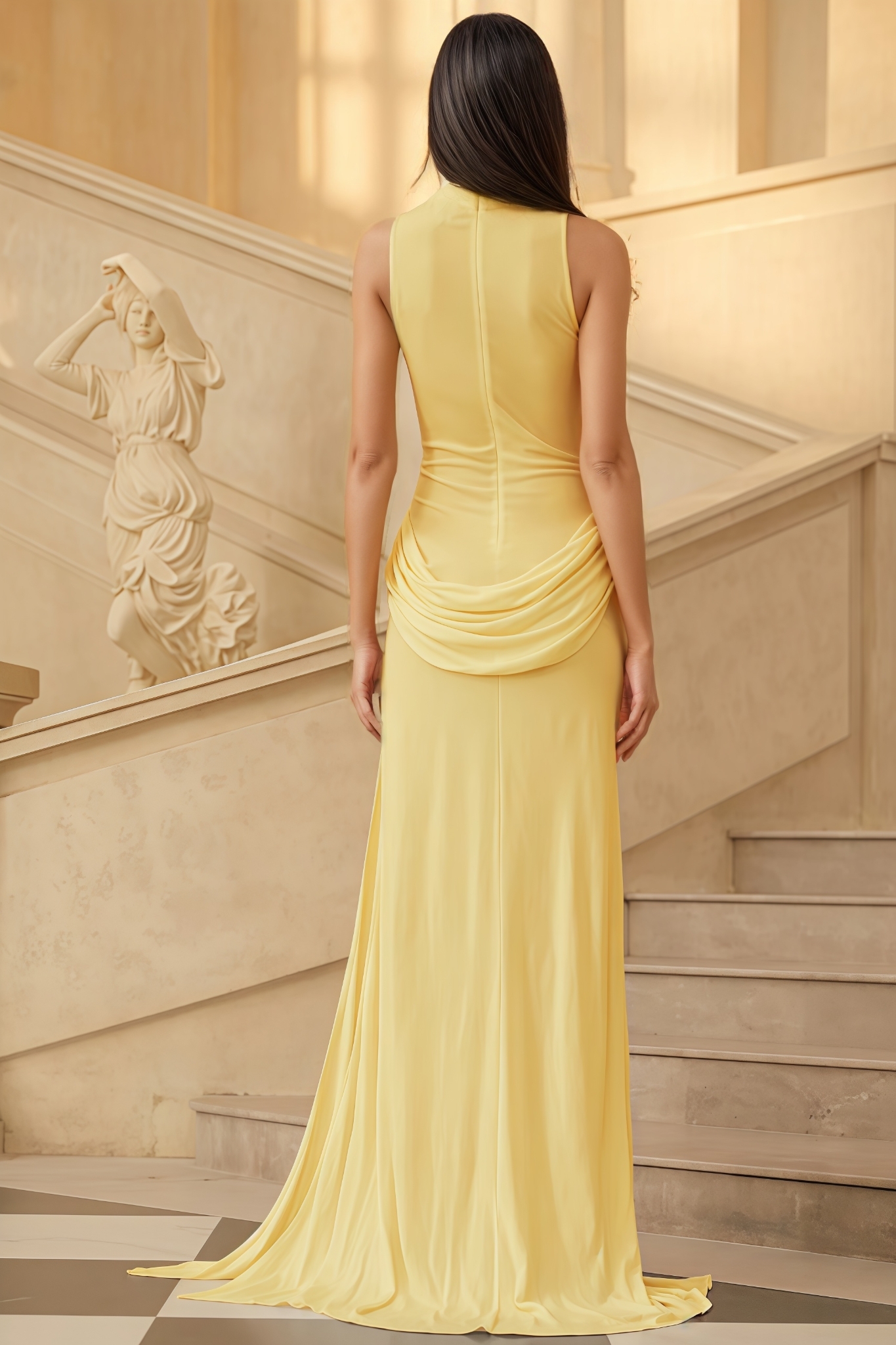 Gurin Yellow Draped Slit Maxi Dress