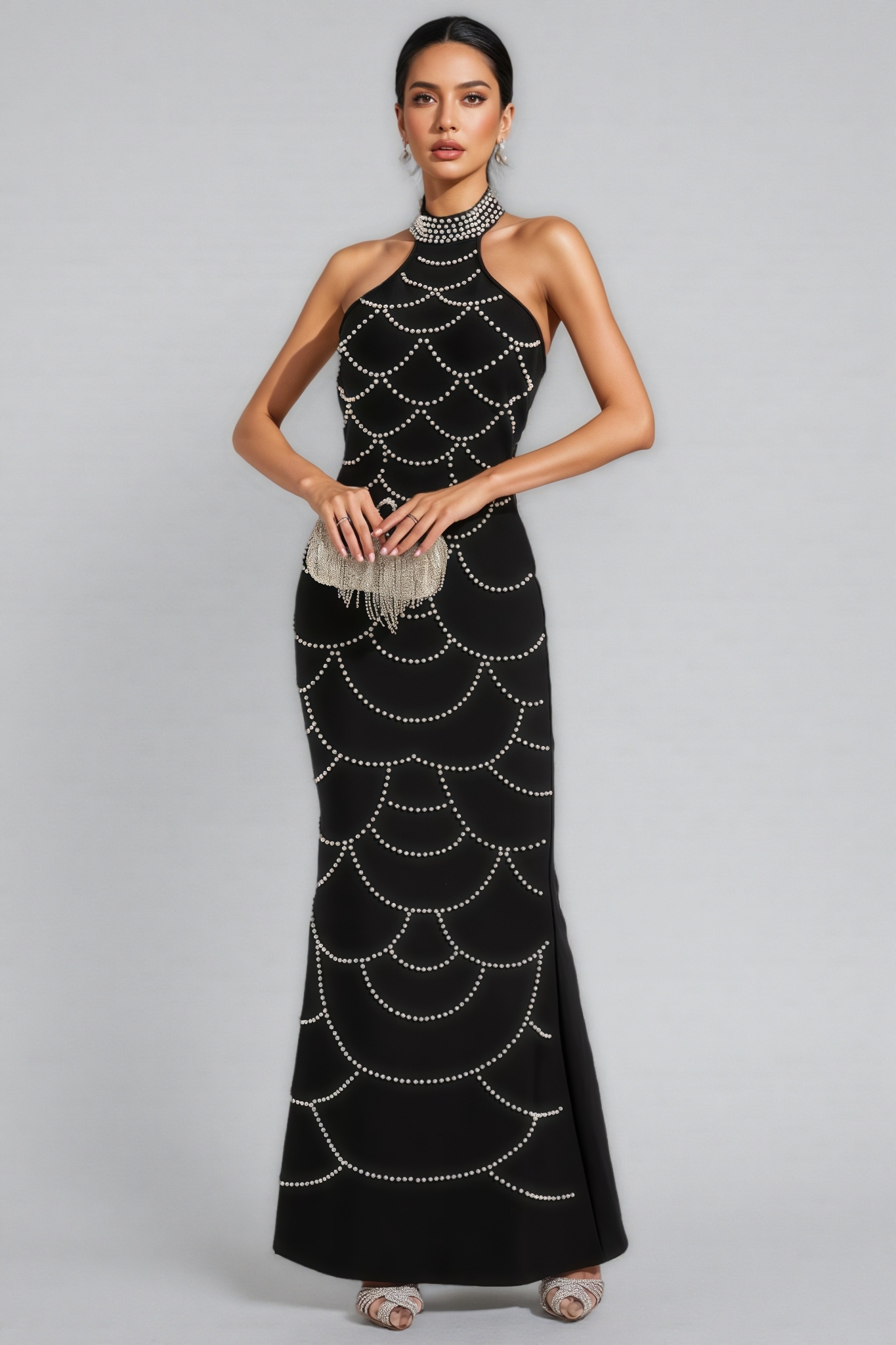 Adley Black Pearl Halter Bandage Maxi Dress