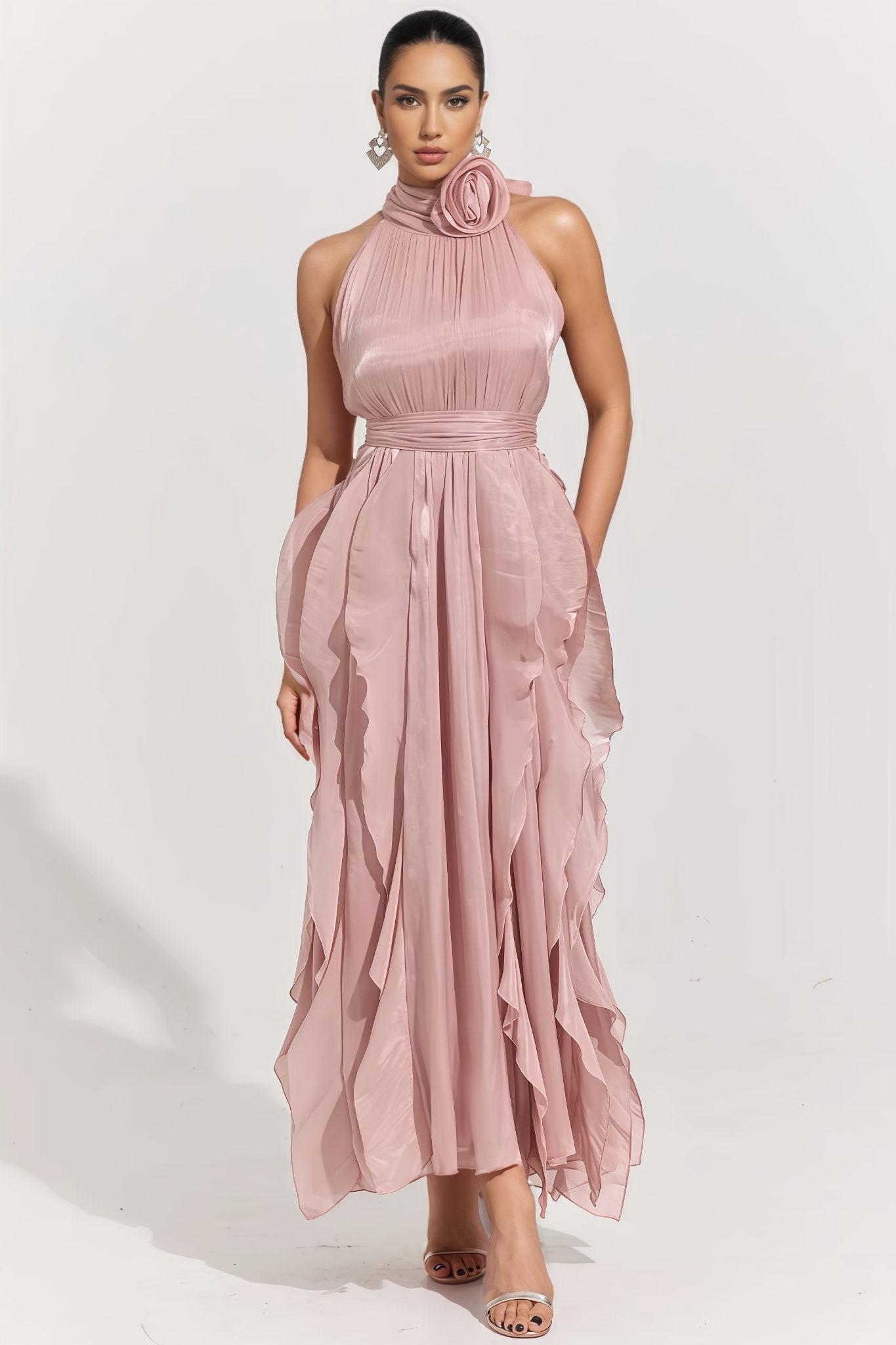 Mackson Pink 3D Floral Pleated Maxi Dress