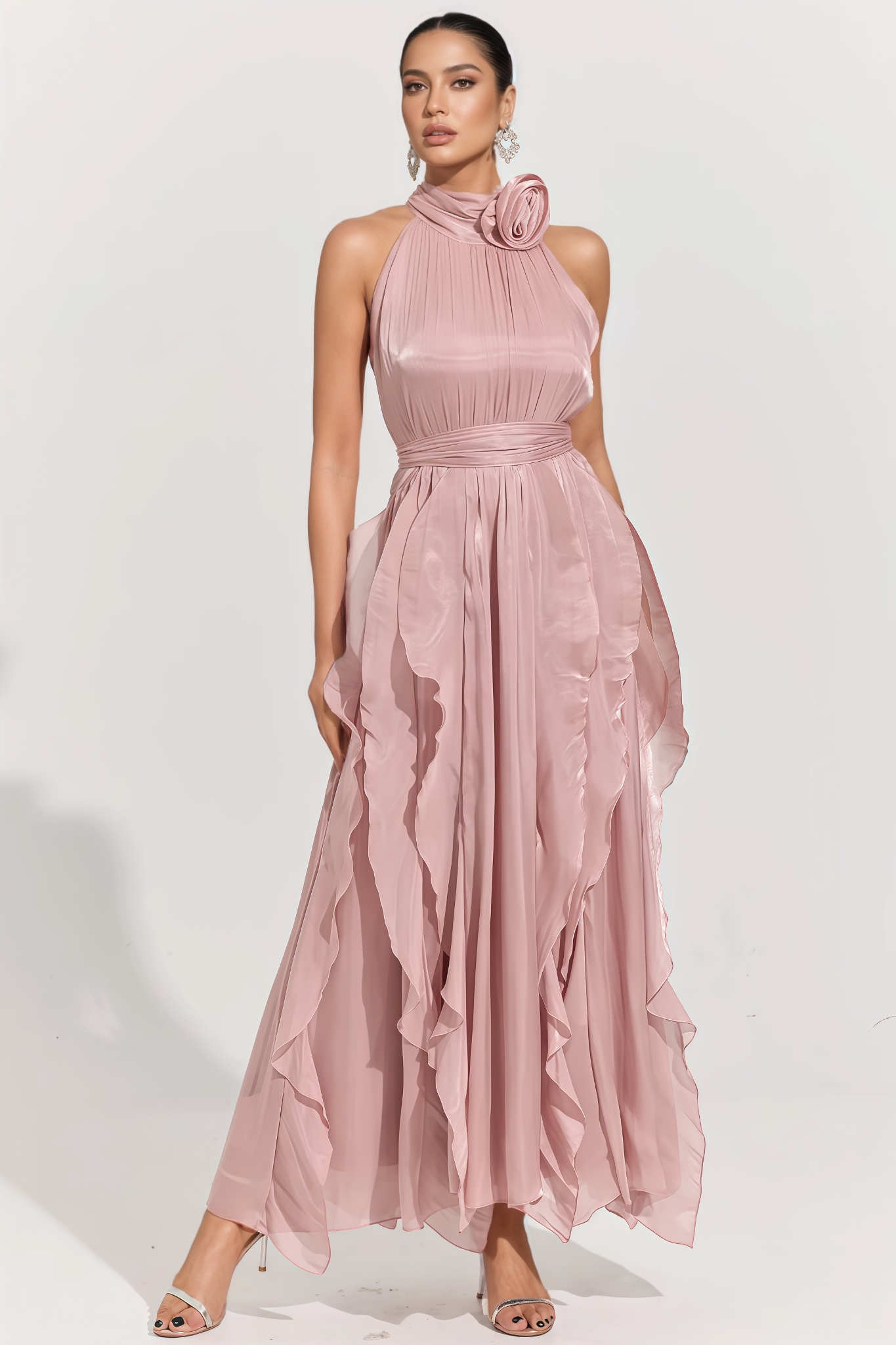 Mackson Pink 3D Floral Pleated Maxi Dress