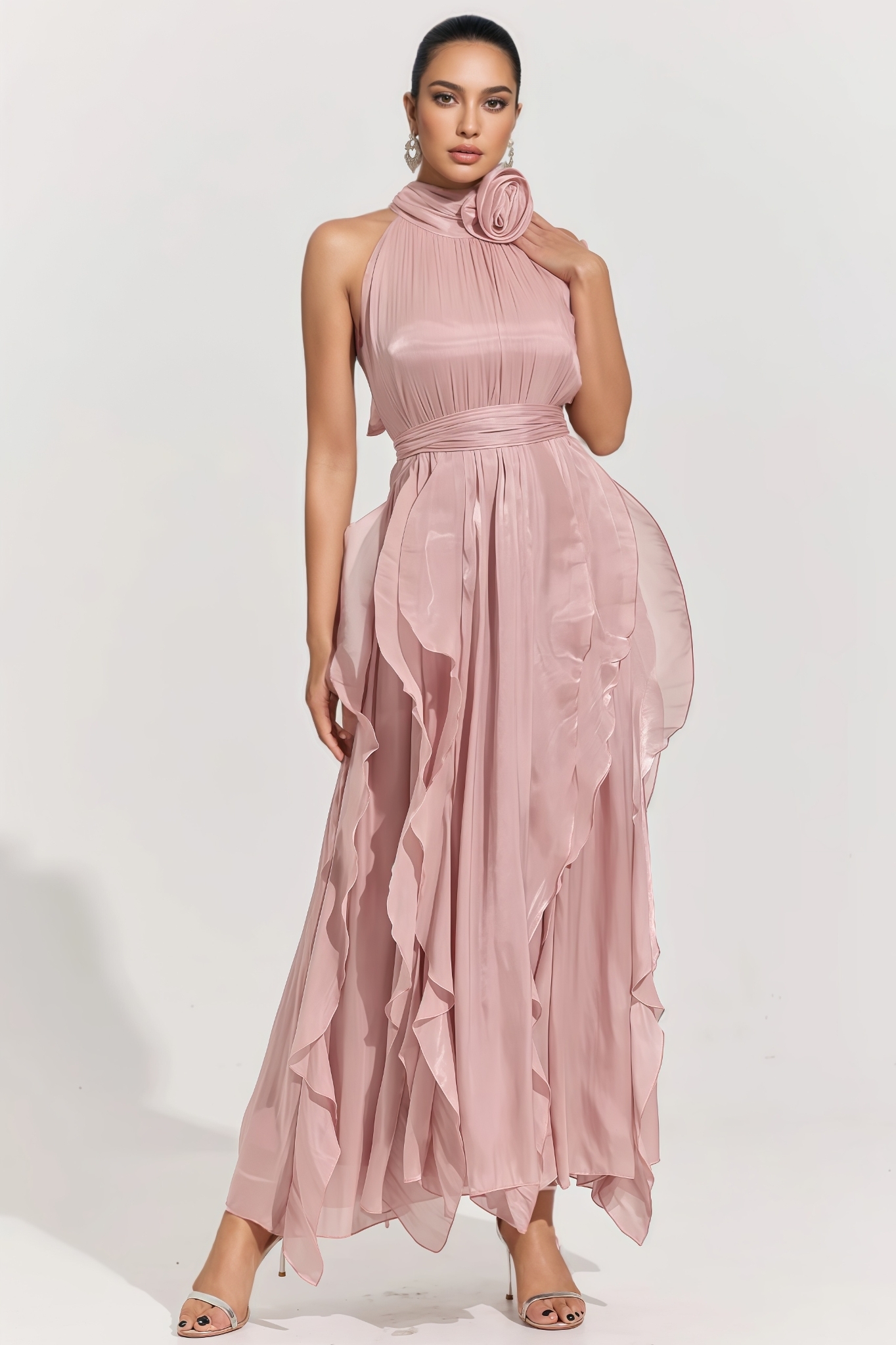 Mackson Pink 3D Floral Pleated Maxi Dress