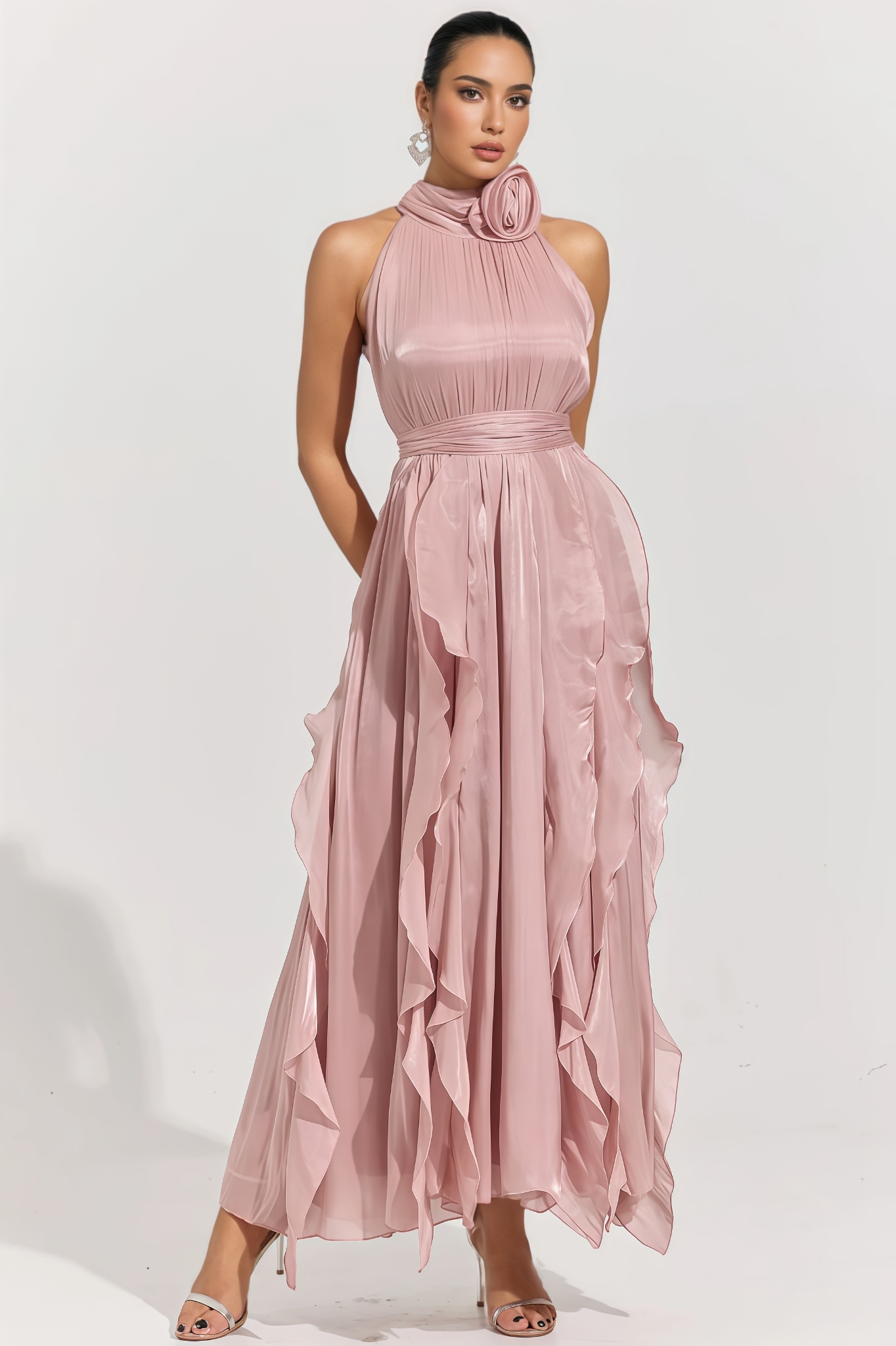 Mackson Pink 3D Floral Pleated Maxi Dress