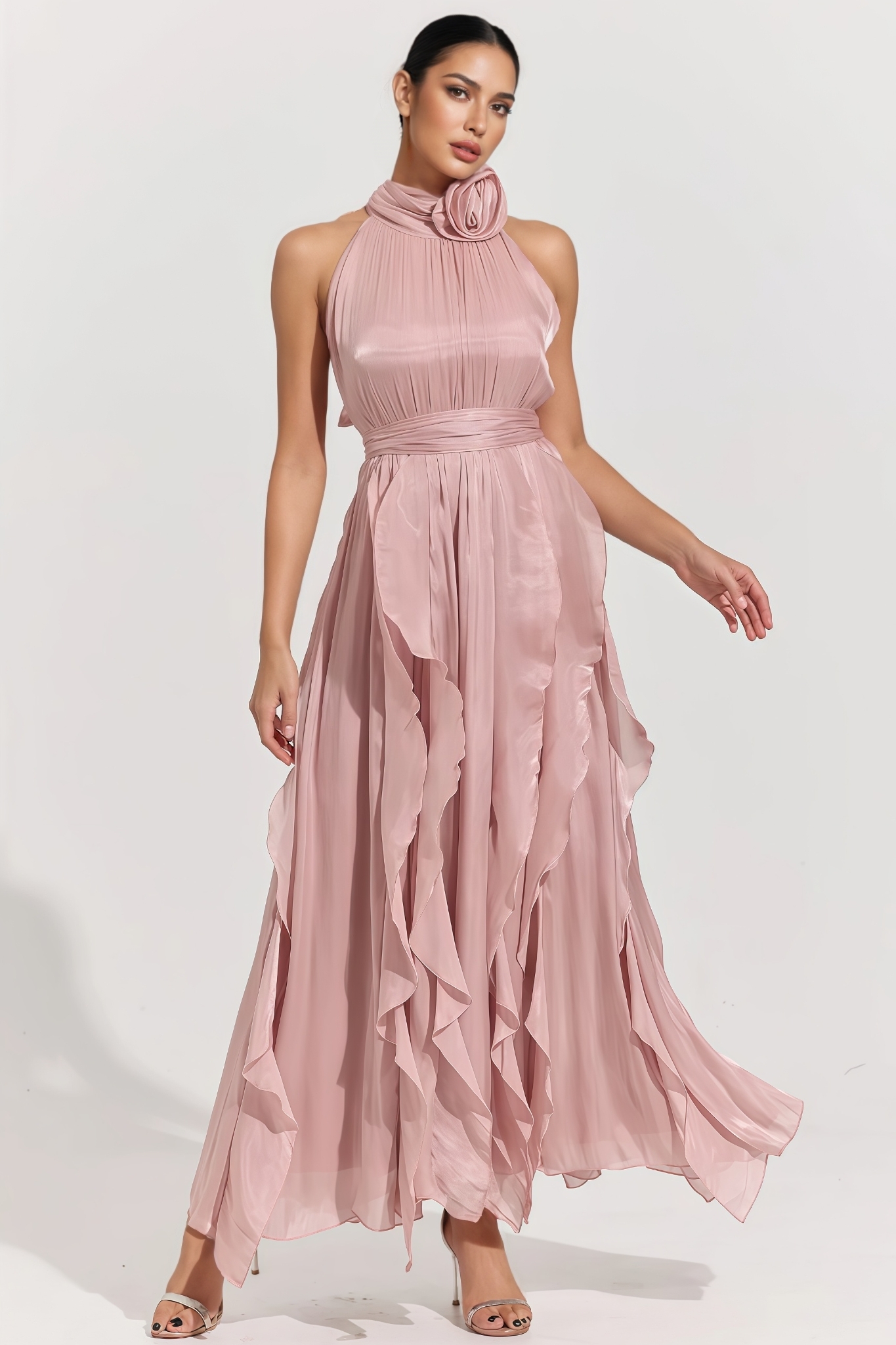 Mackson Pink 3D Floral Pleated Maxi Dress