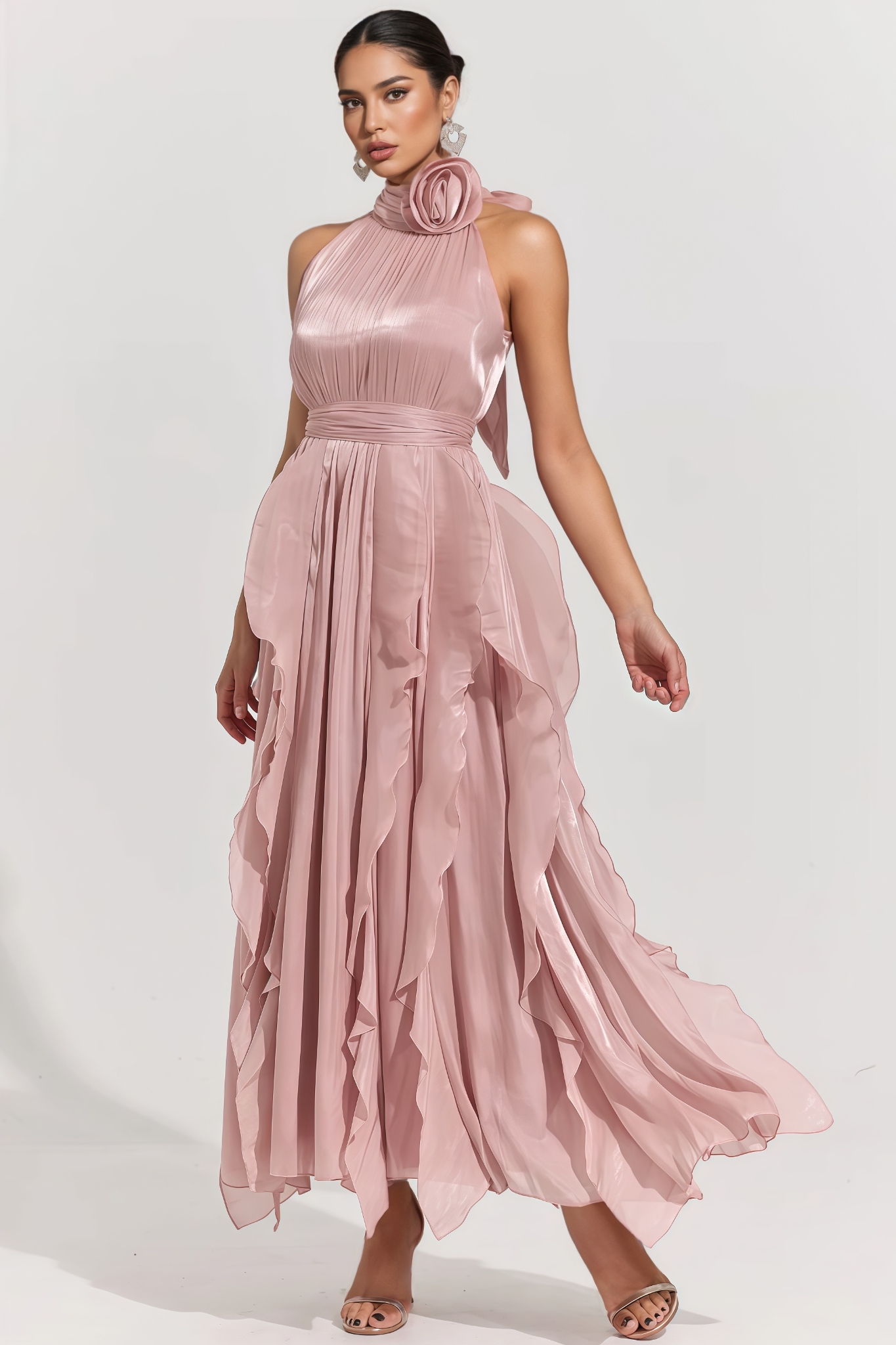 Mackson Pink 3D Floral Pleated Maxi Dress