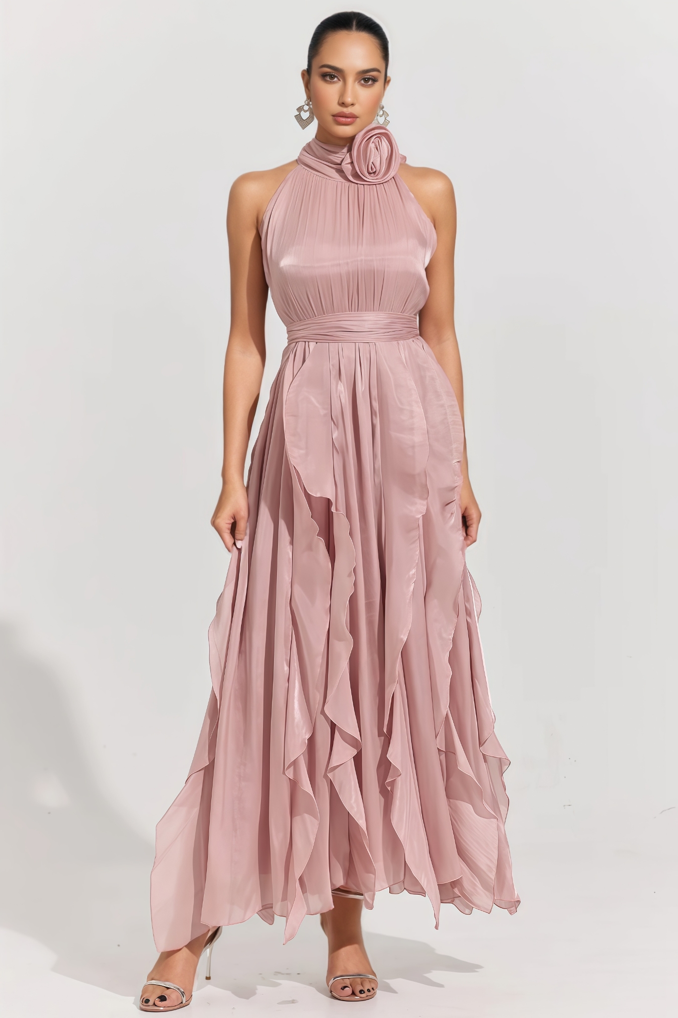 Mackson Pink 3D Floral Pleated Maxi Dress