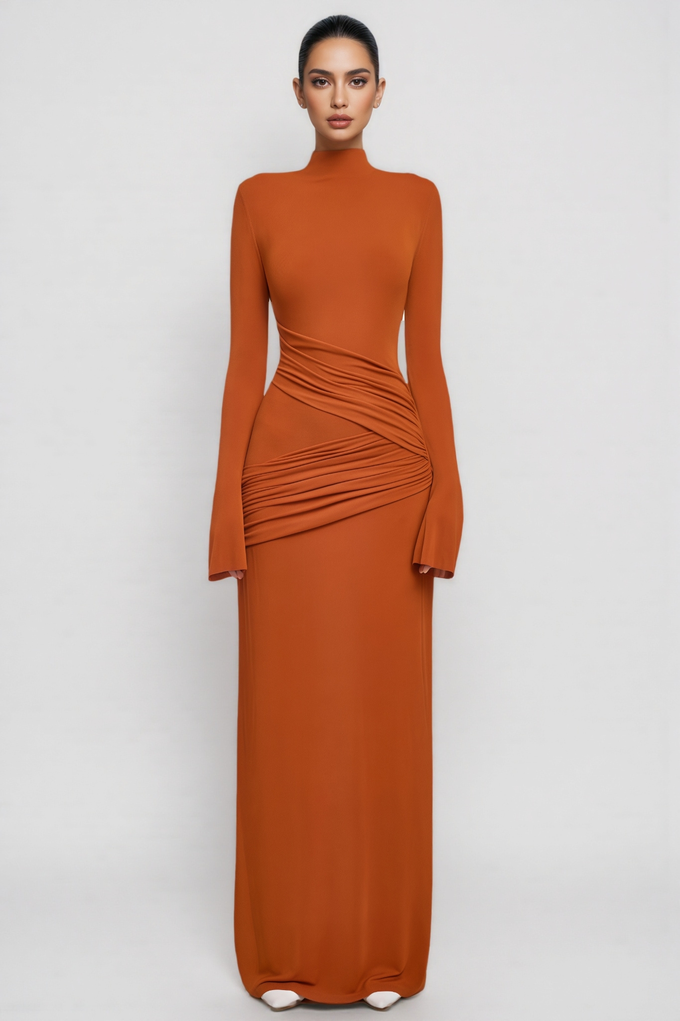 Bevand Orange Long Sleeve Ruffled Maxi Dress