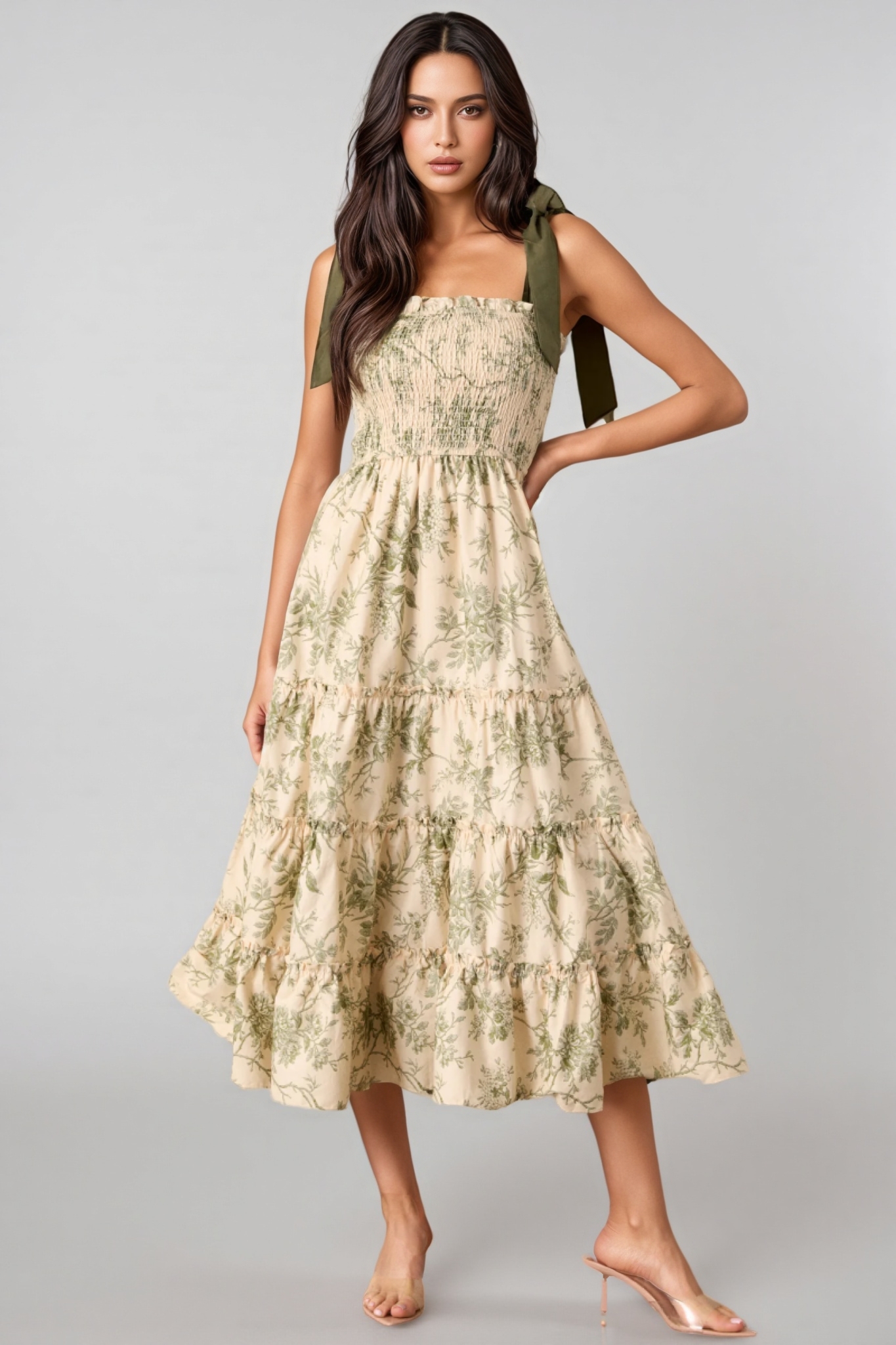Manua Ivory Green Floral Midi Dress