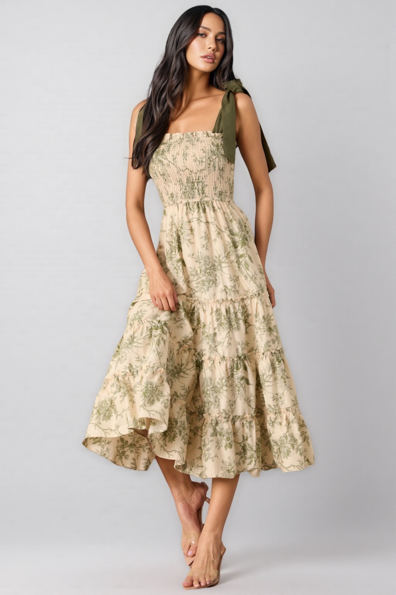 Manua Ivory Green Floral Midi Dress
