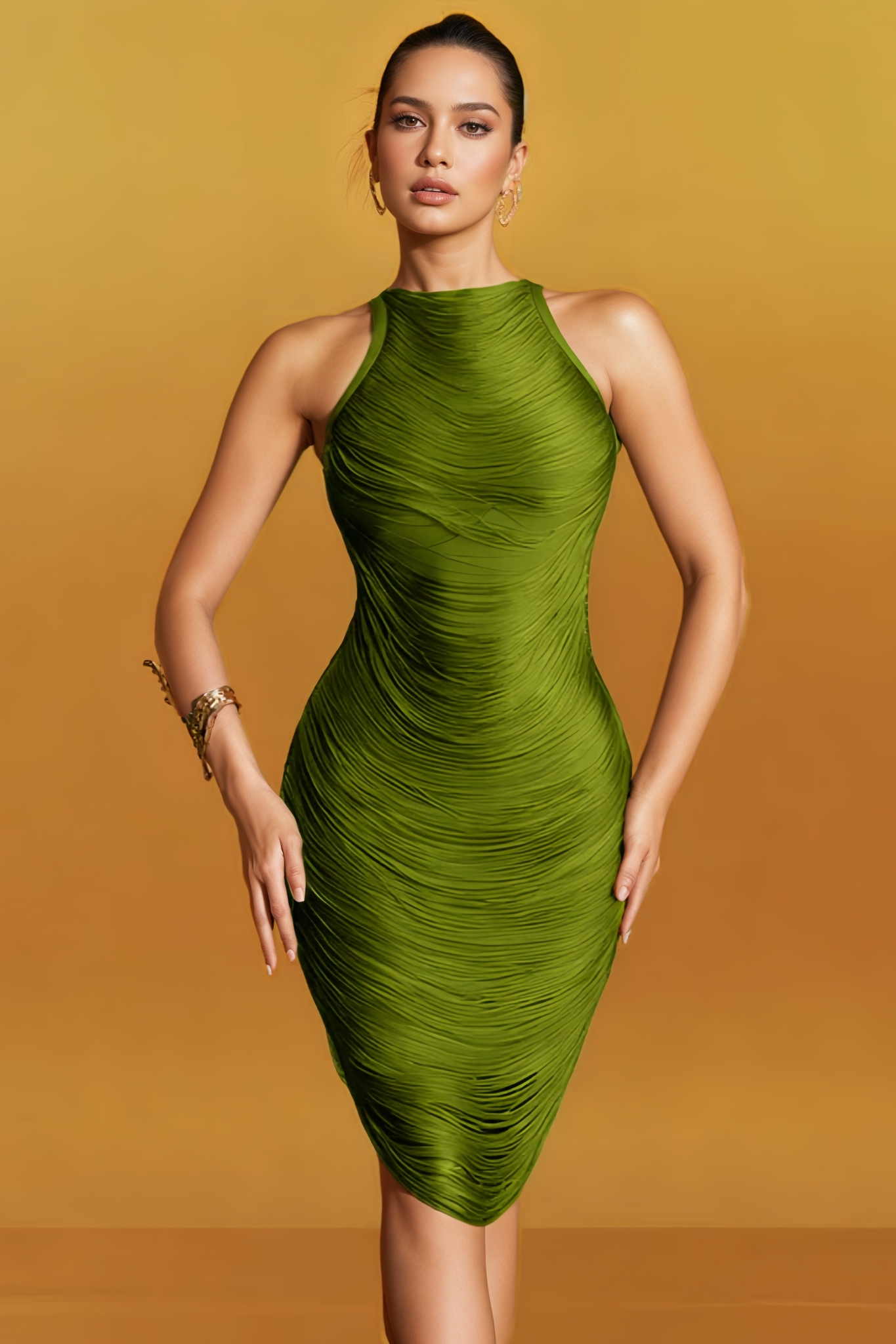 Eznrot Green Sleeveless Fringe Bandage Mini Dress