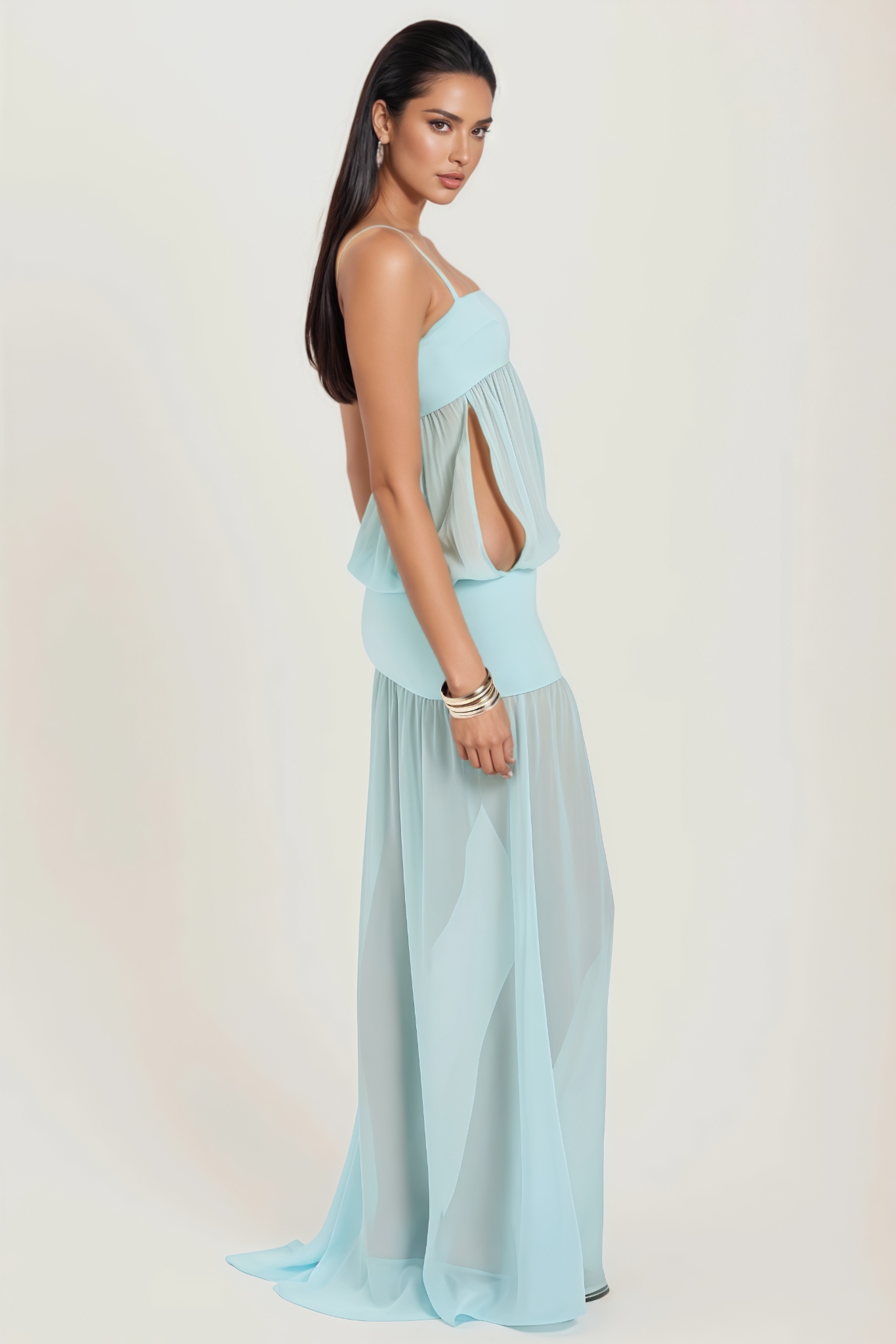 Elanort Blue Halter Mesh Maxi Dress