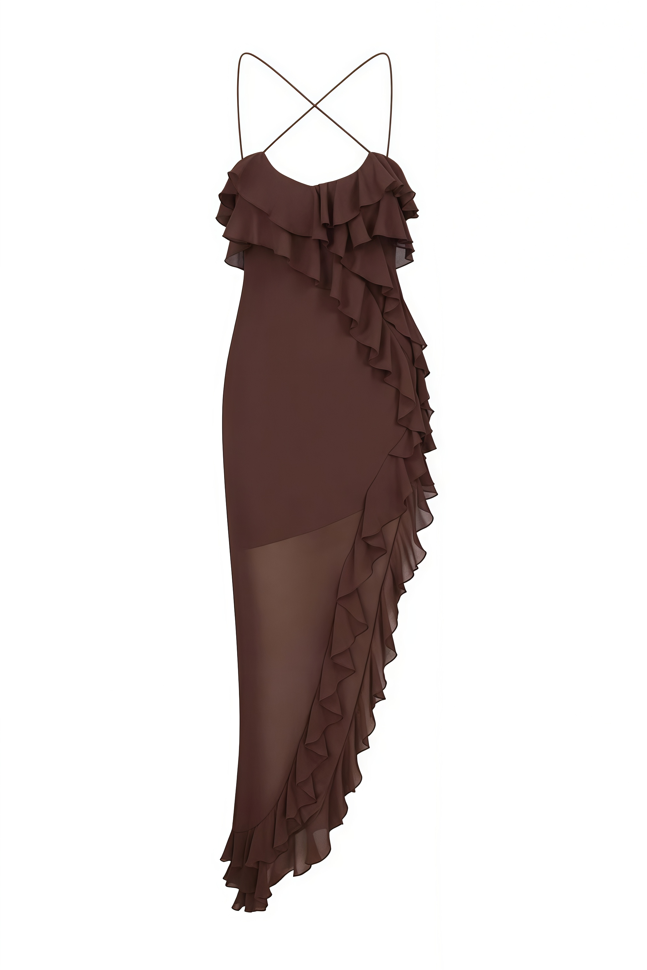 Novek Brown Ruffled Slit Midi Dress