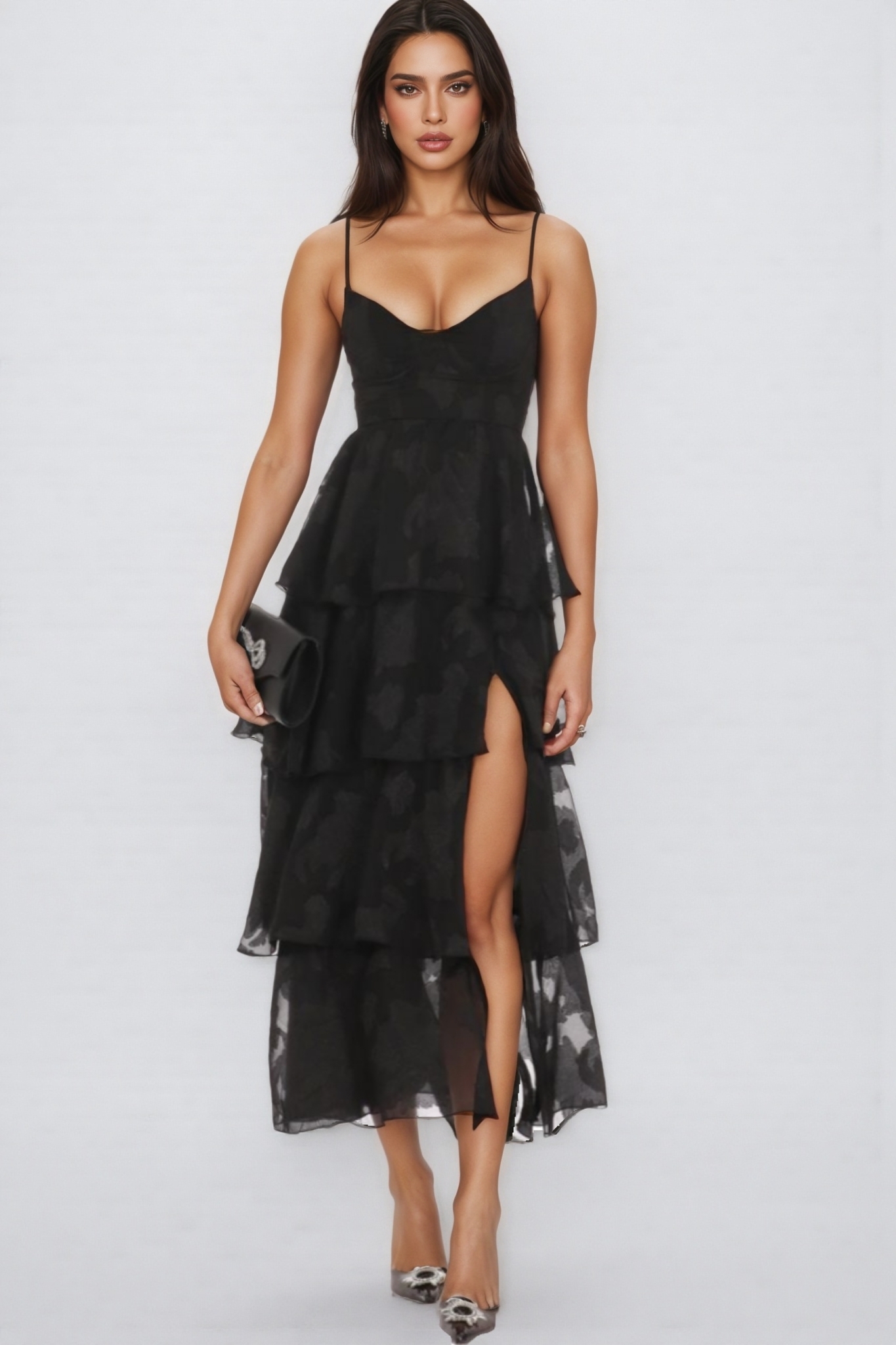 Thomle Black Floral Ruffle A-line Maxi Dress