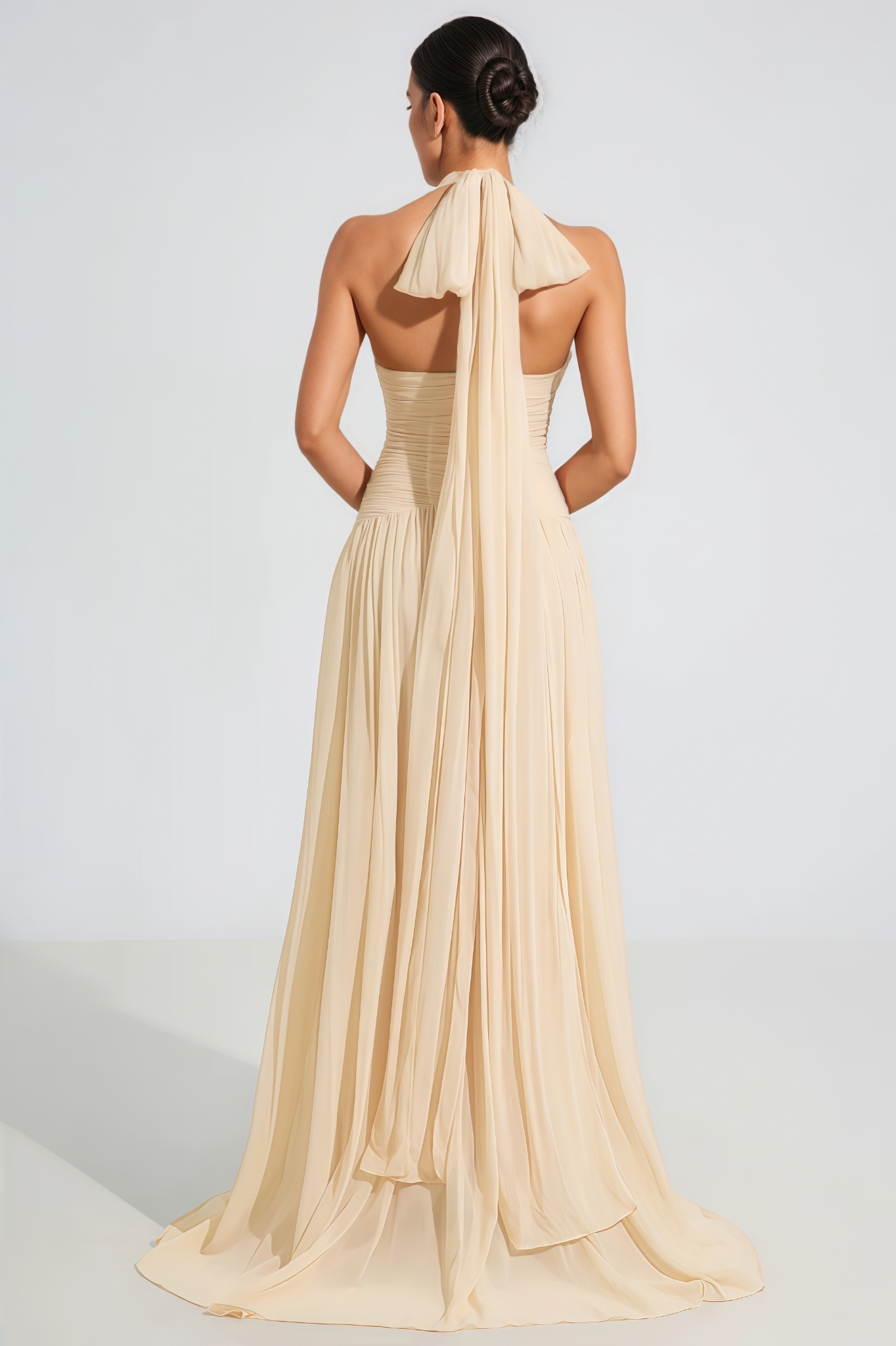 Selase Beige V-Neck Pleated Sleeveless Maxi Dress