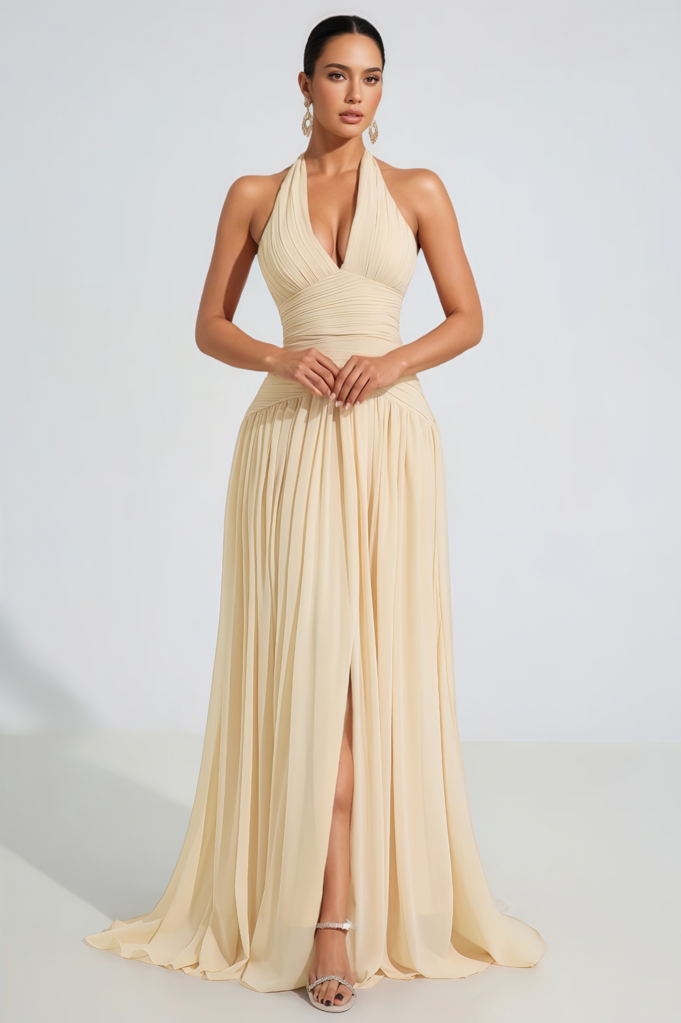 Selase Beige V-Neck Pleated Sleeveless Maxi Dress