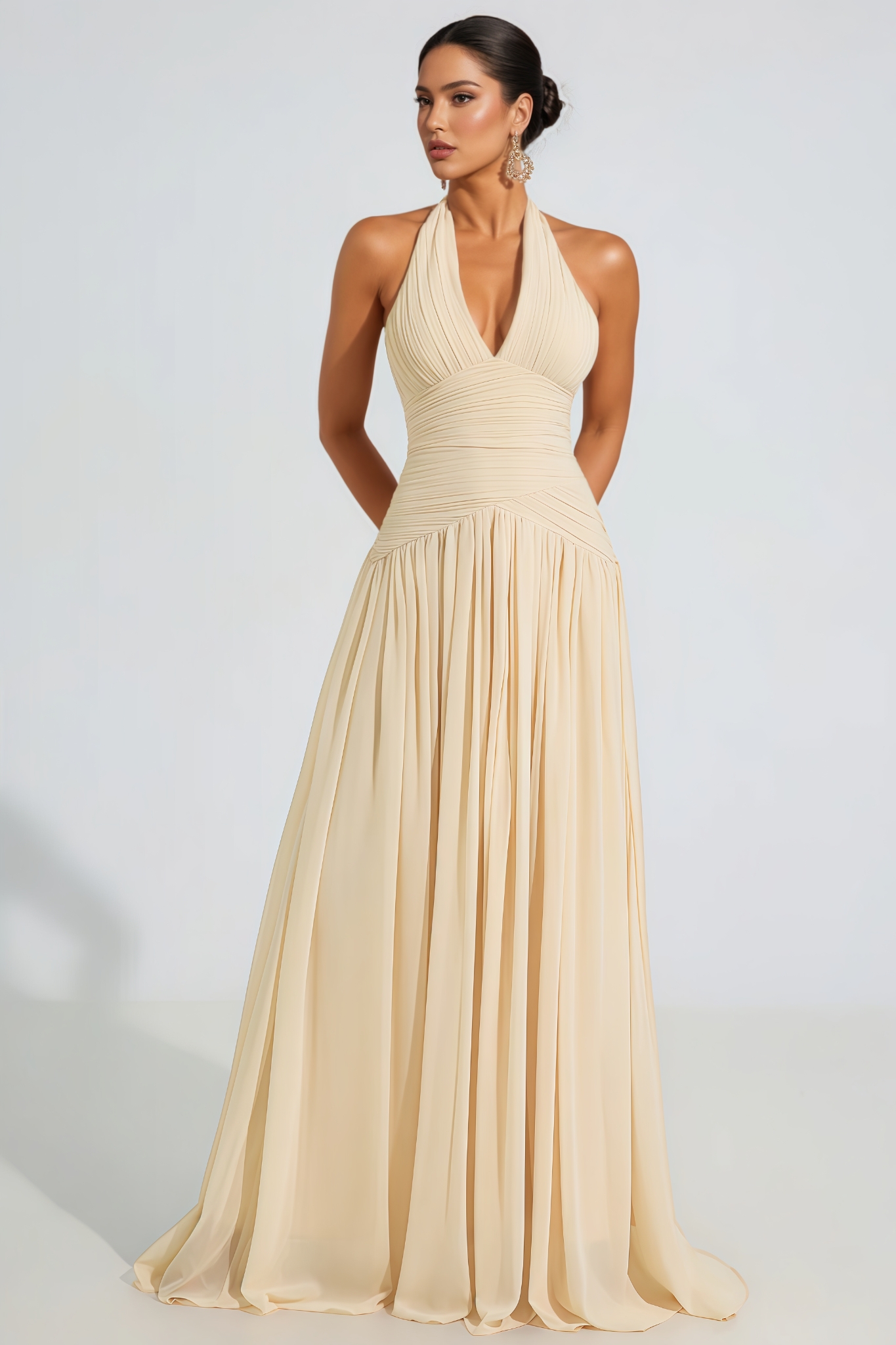 Selase Beige V-Neck Pleated Sleeveless Maxi Dress