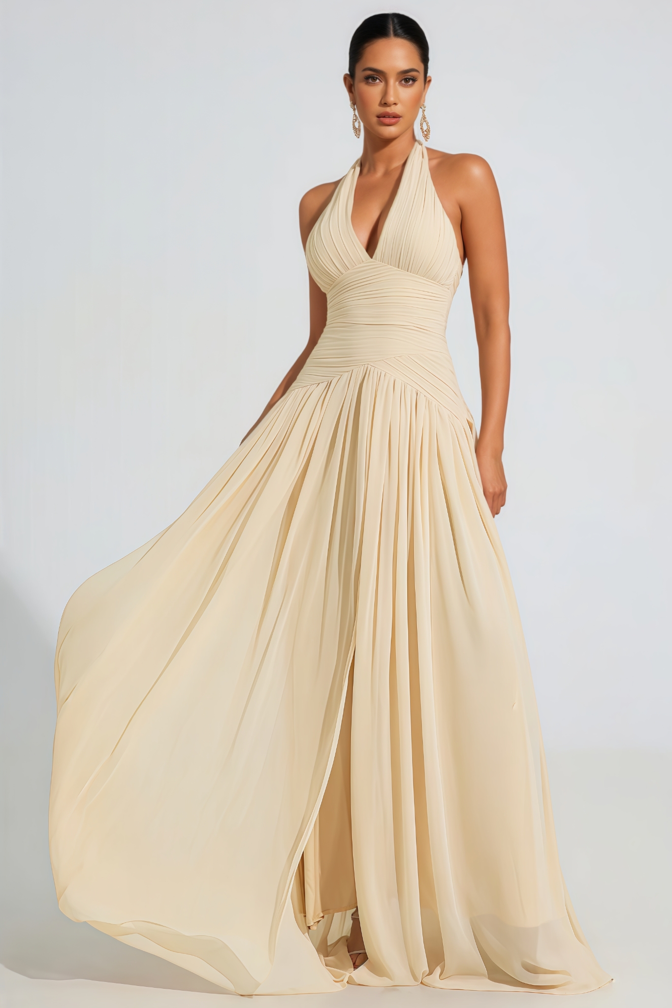 Selase Beige V-Neck Pleated Sleeveless Maxi Dress