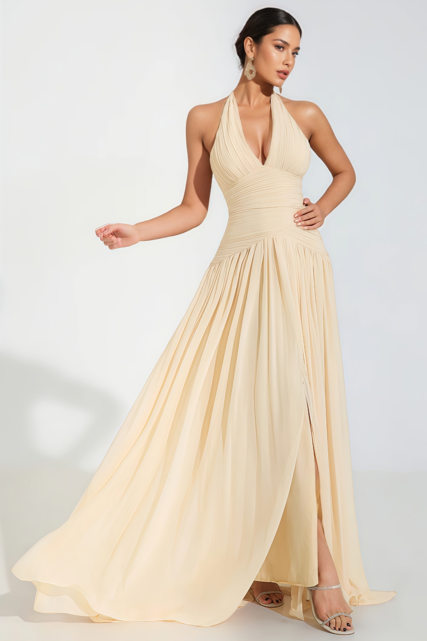 Selase Beige V-Neck Pleated Sleeveless Maxi Dress