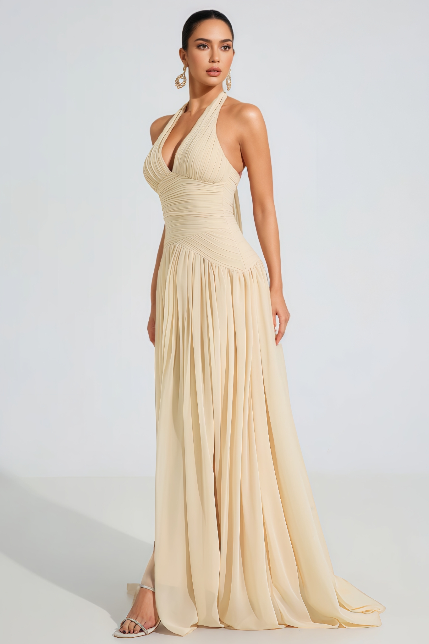 Selase Beige V-Neck Pleated Sleeveless Maxi Dress