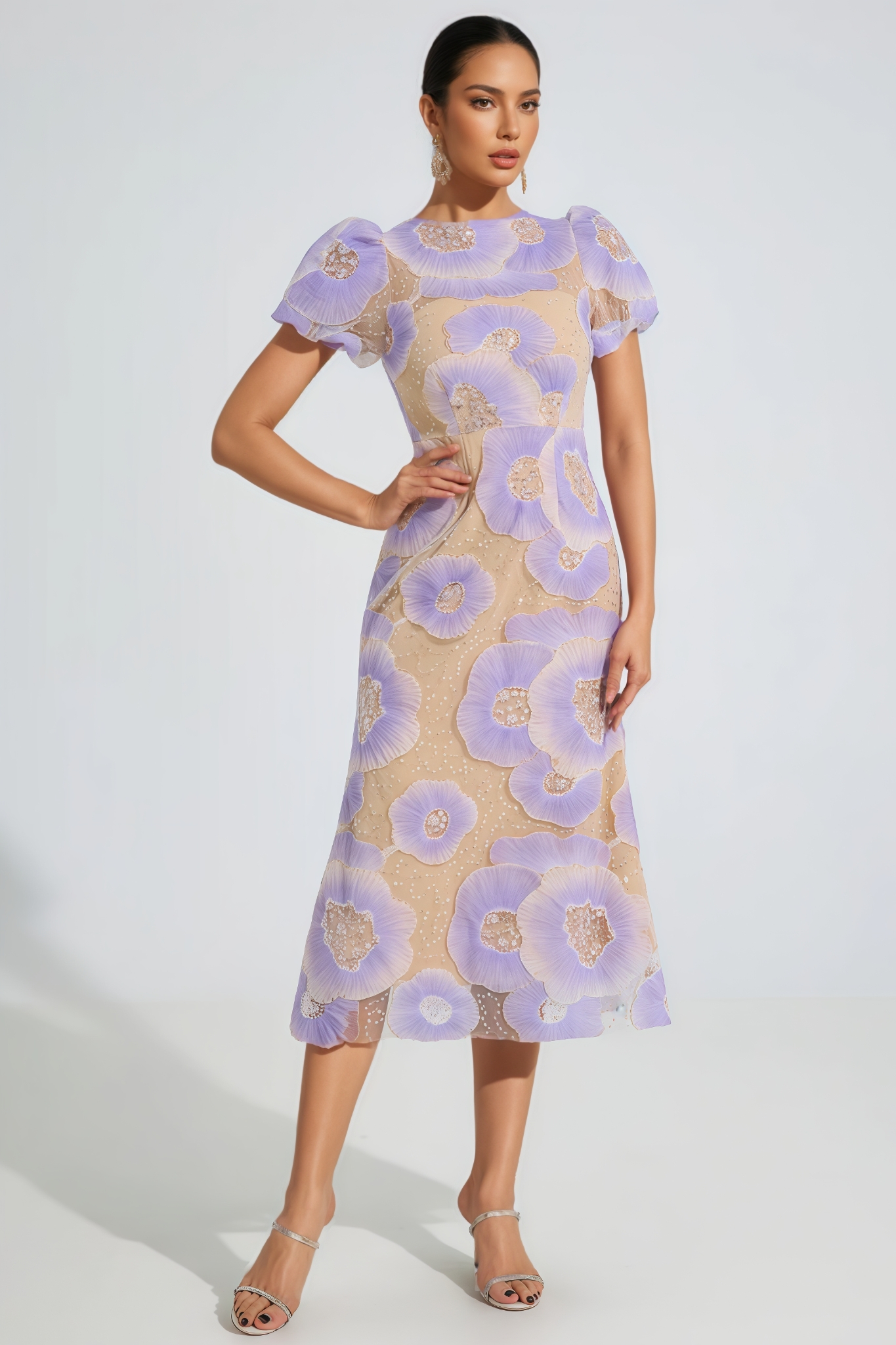 Xerans Purple Bloom Embroidered Midi Dress