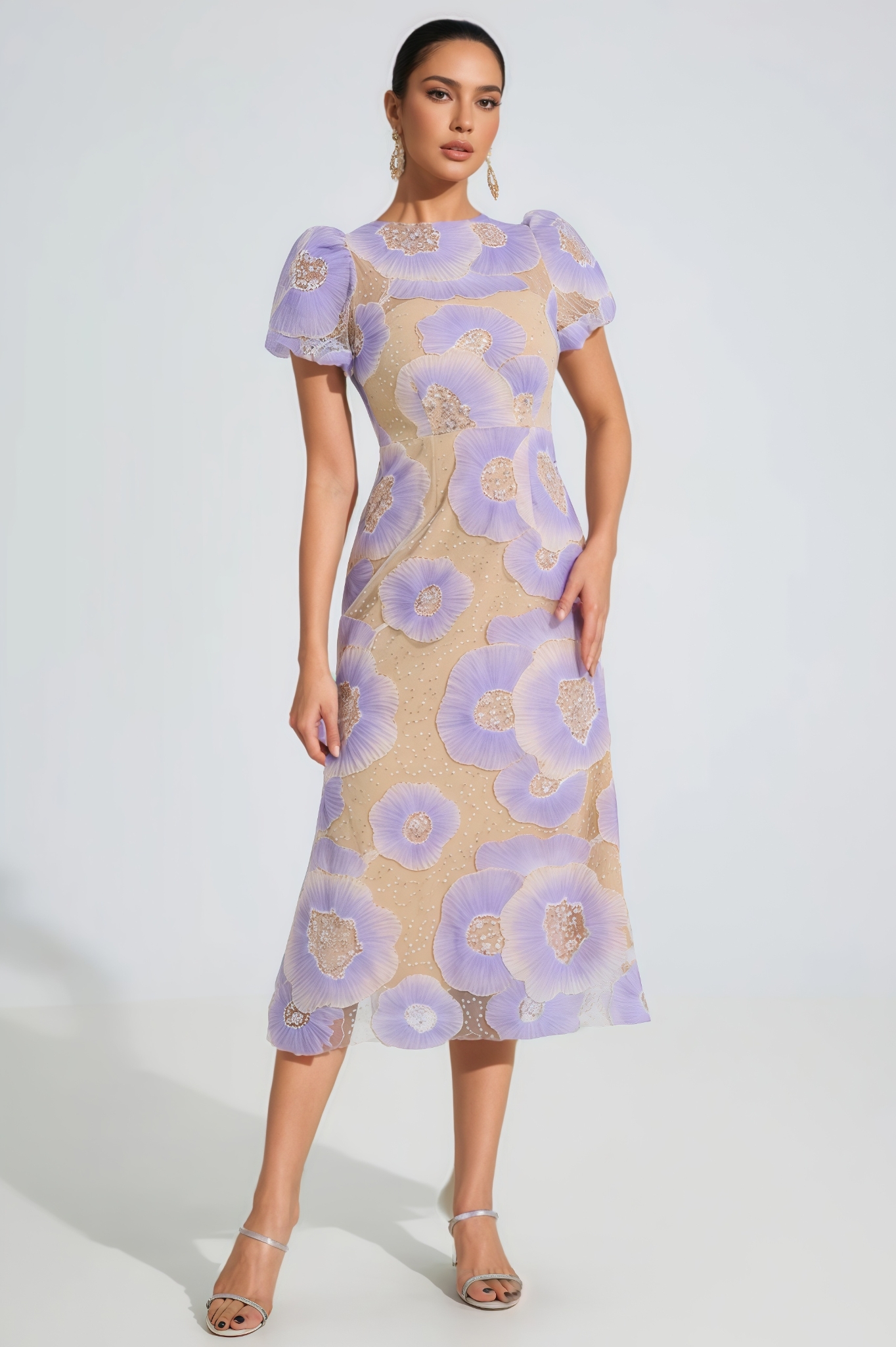 Xerans Purple Bloom Embroidered Midi Dress