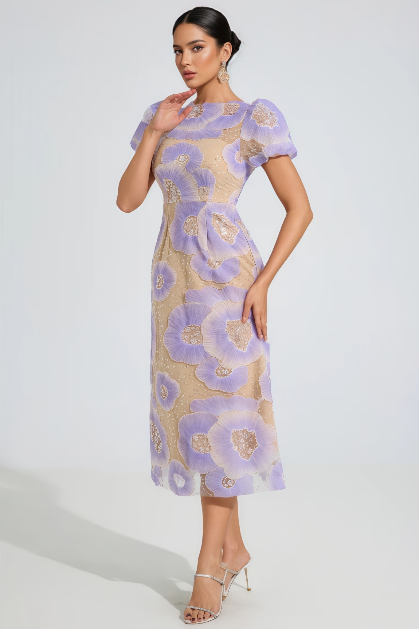 Xerans Purple Bloom Embroidered Midi Dress