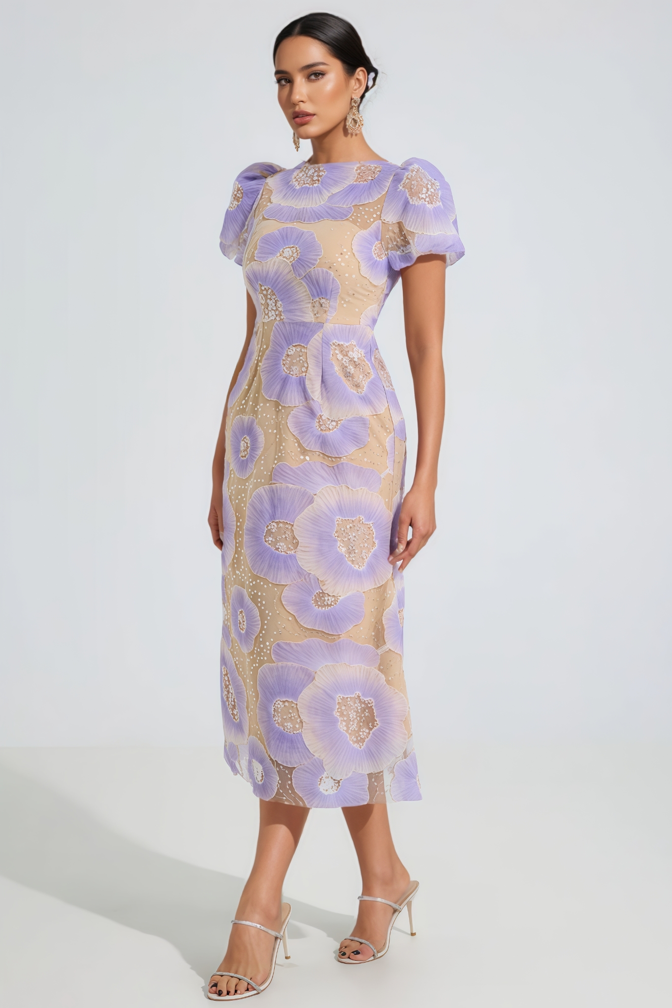 Xerans Purple Bloom Embroidered Midi Dress