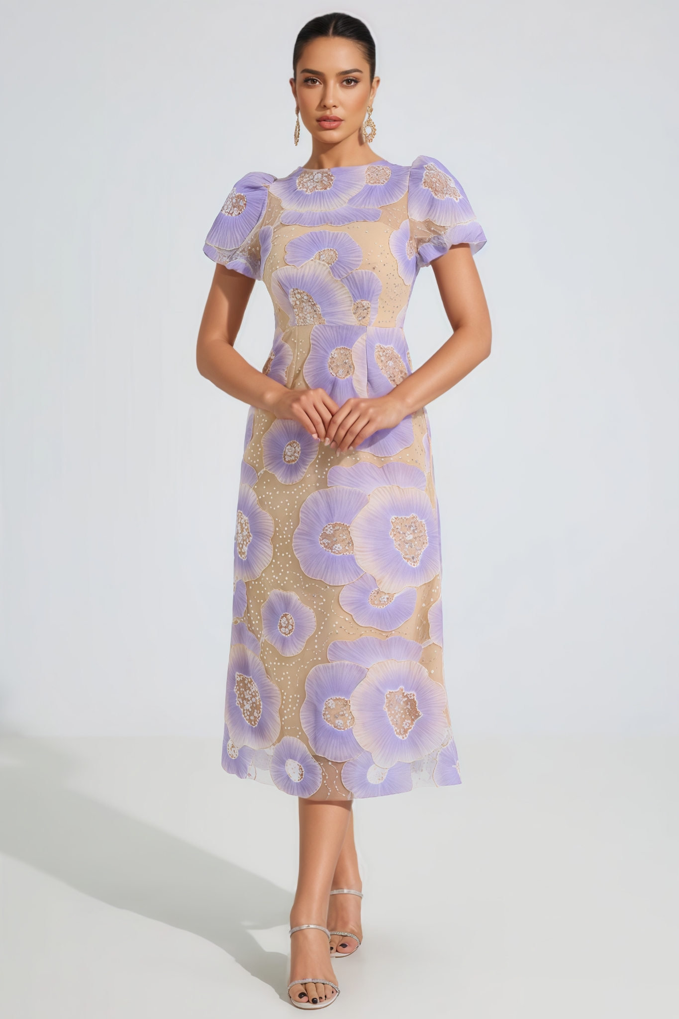 Xerans Purple Bloom Embroidered Midi Dress