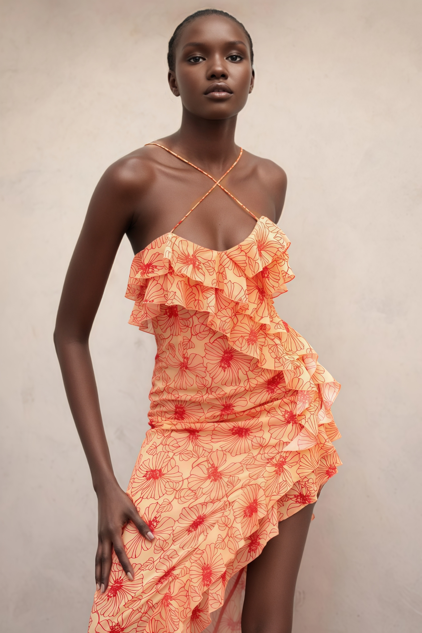 Oryalty Ruffled Floral Slit Midi Dress