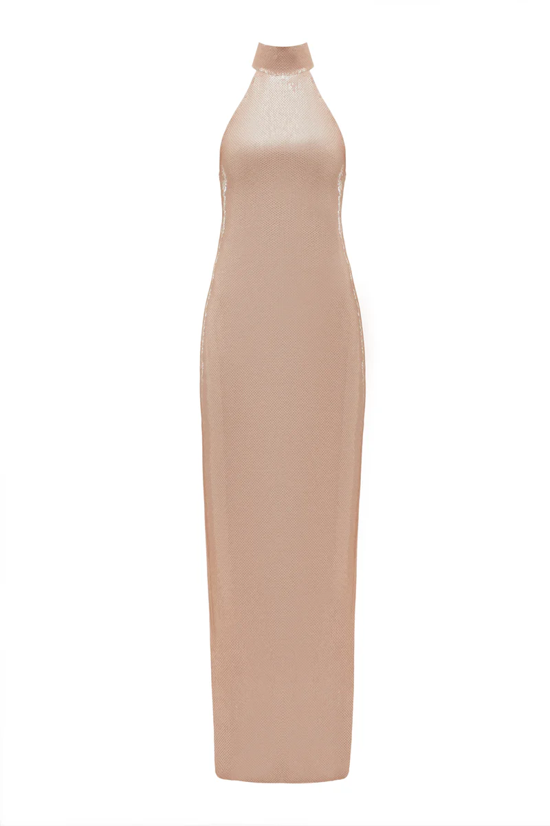 Danielle Beige Slit Sequined Maxi Dress