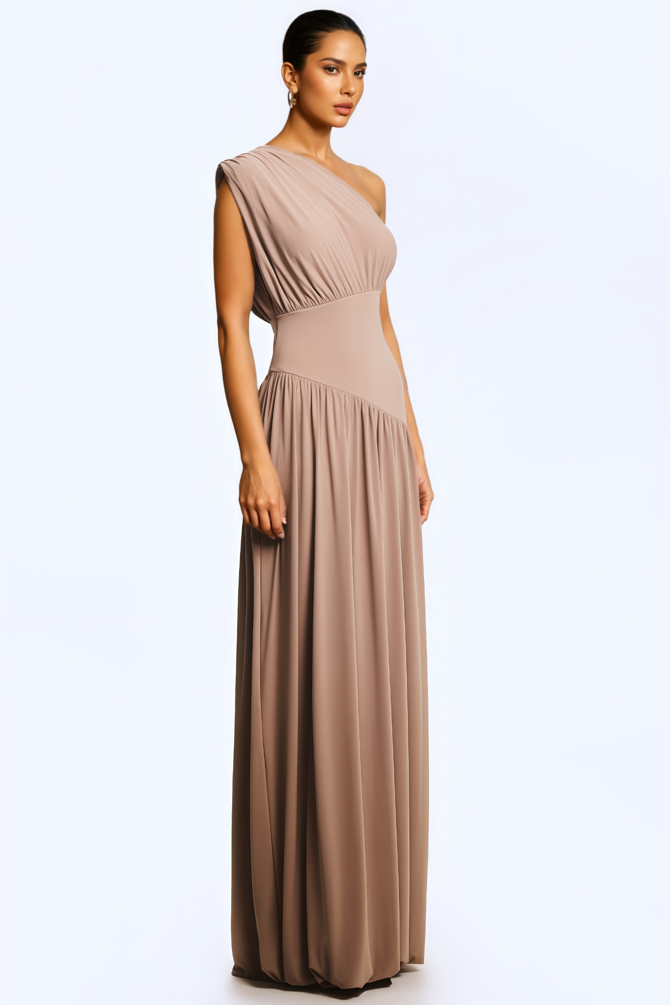 Hunteriop Khaki One Shoulder Pleated Maxi Dress