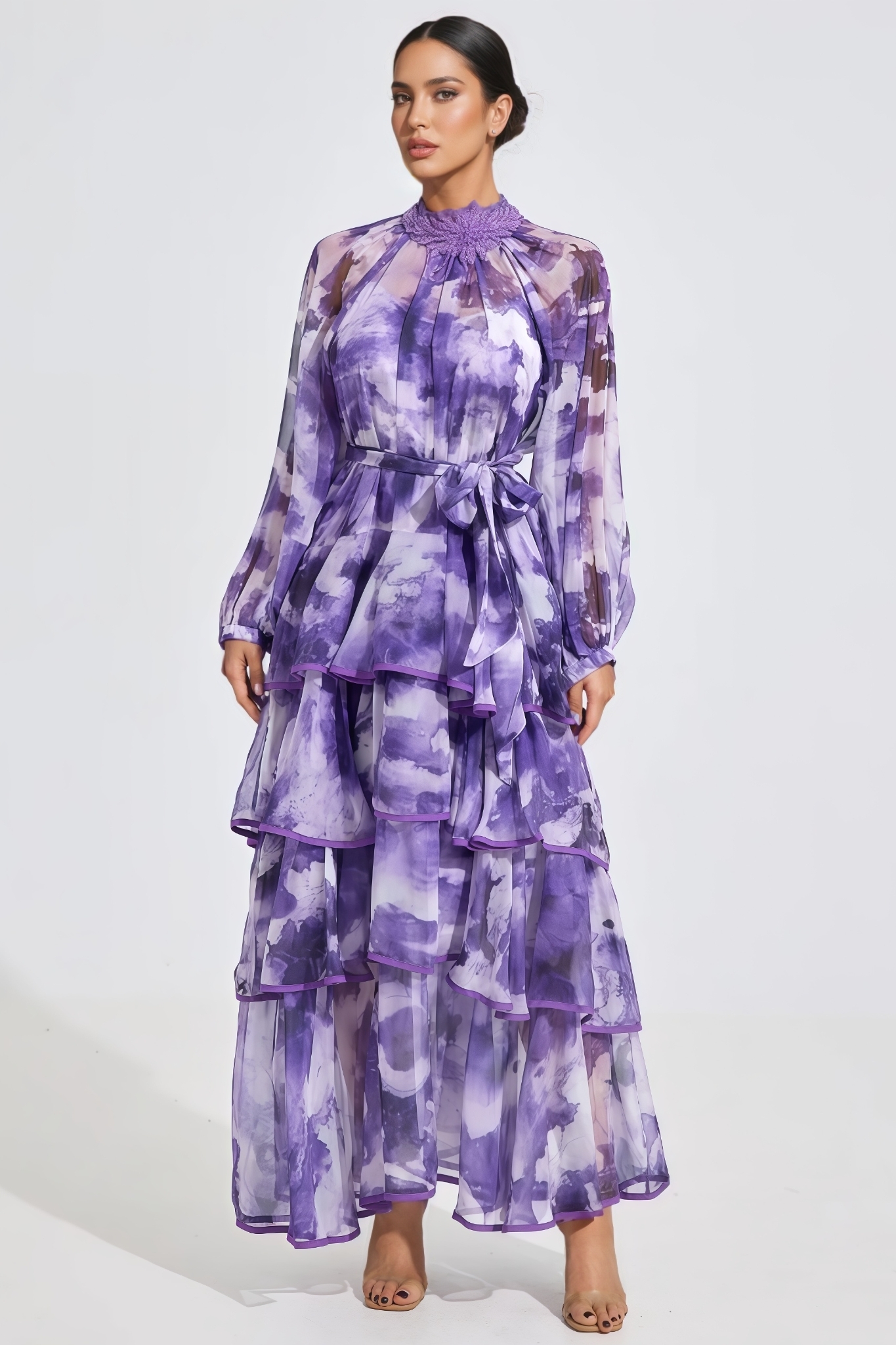 Varend Purple Printed Ruffled Maxi Dress