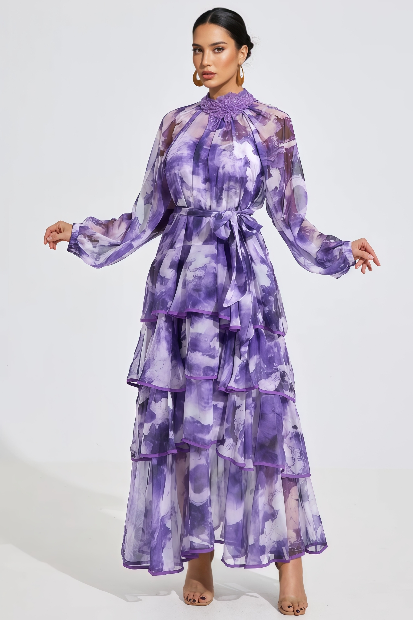 Varend Purple Printed Ruffled Maxi Dress