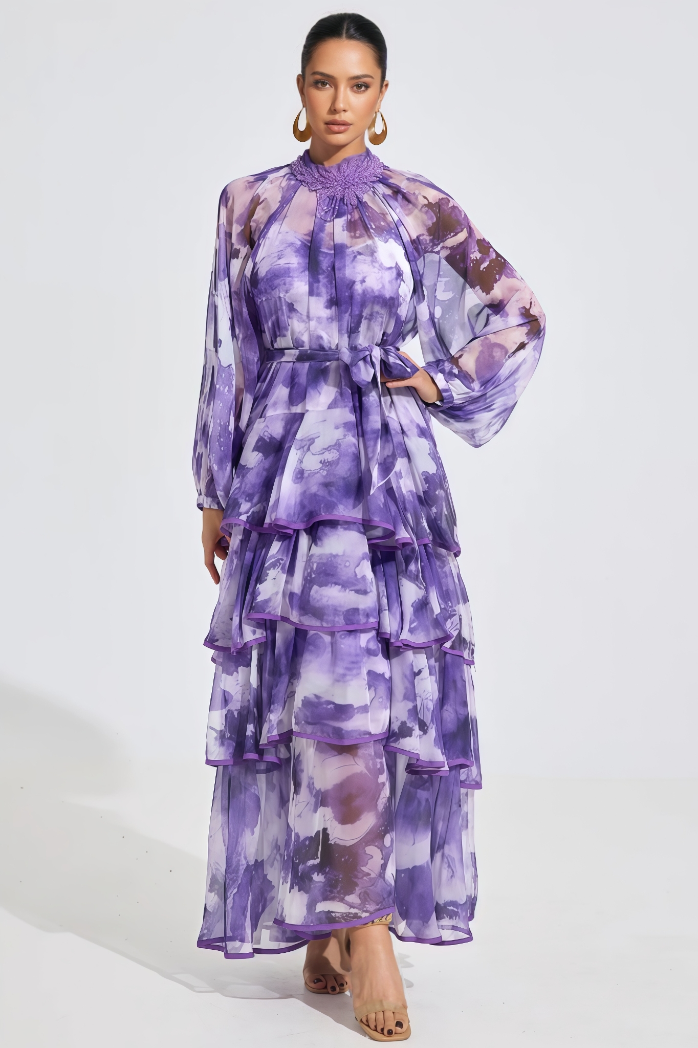Varend Purple Printed Ruffled Maxi Dress