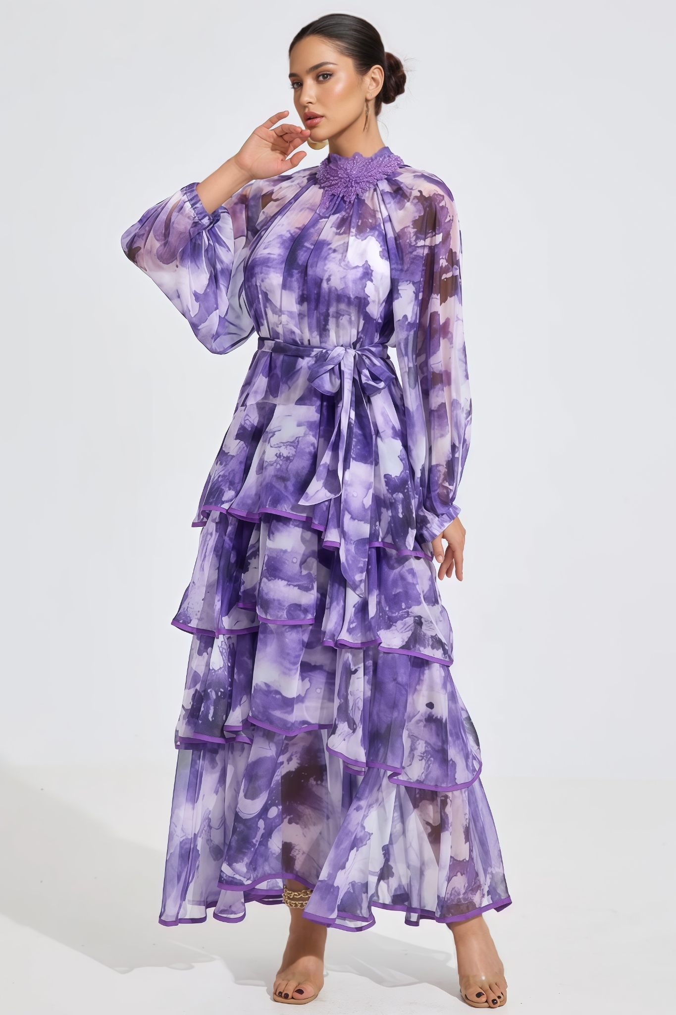 Varend Purple Printed Ruffled Maxi Dress