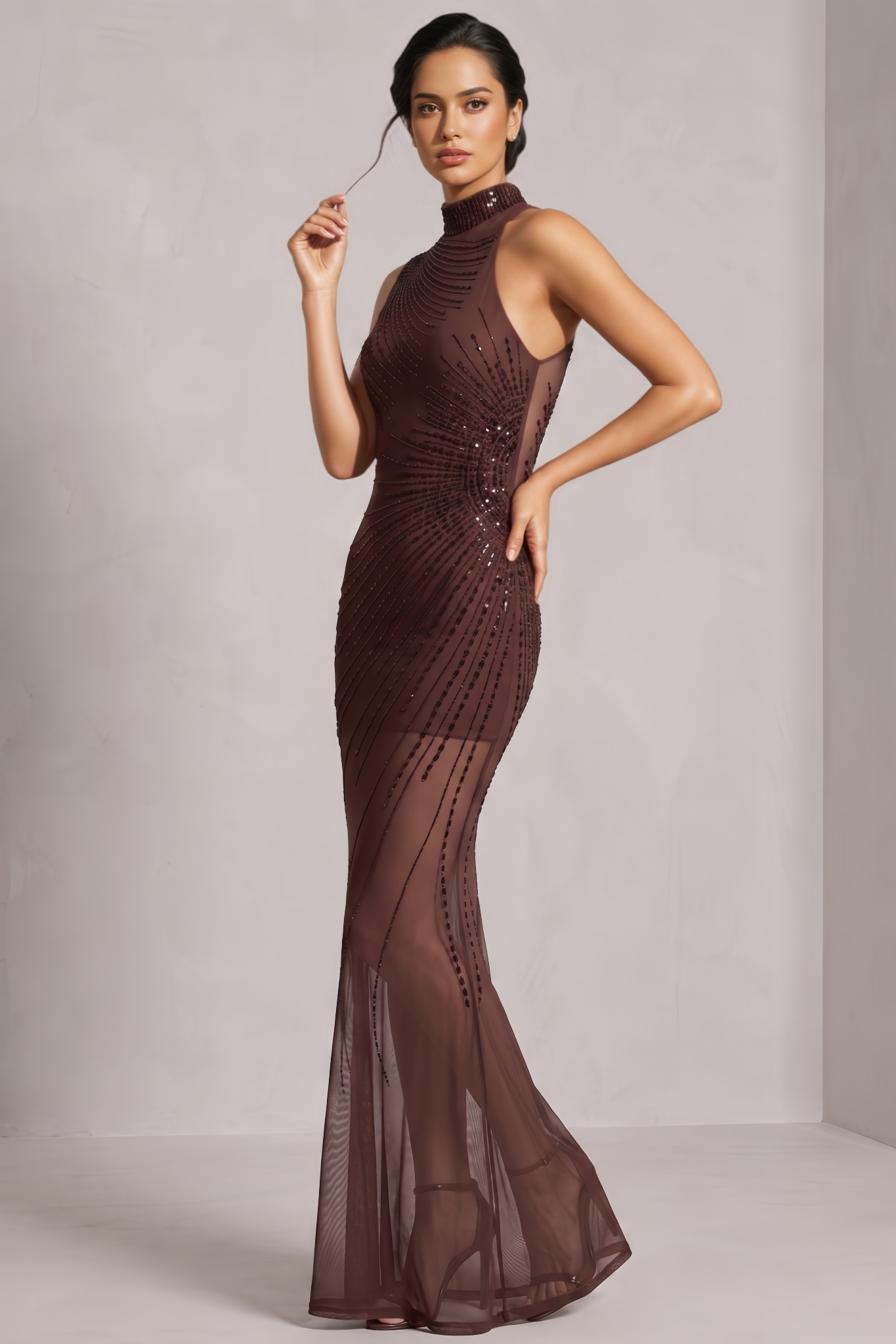 Nlivia Brown Sleeveless Rhinestone Maxi Dress
