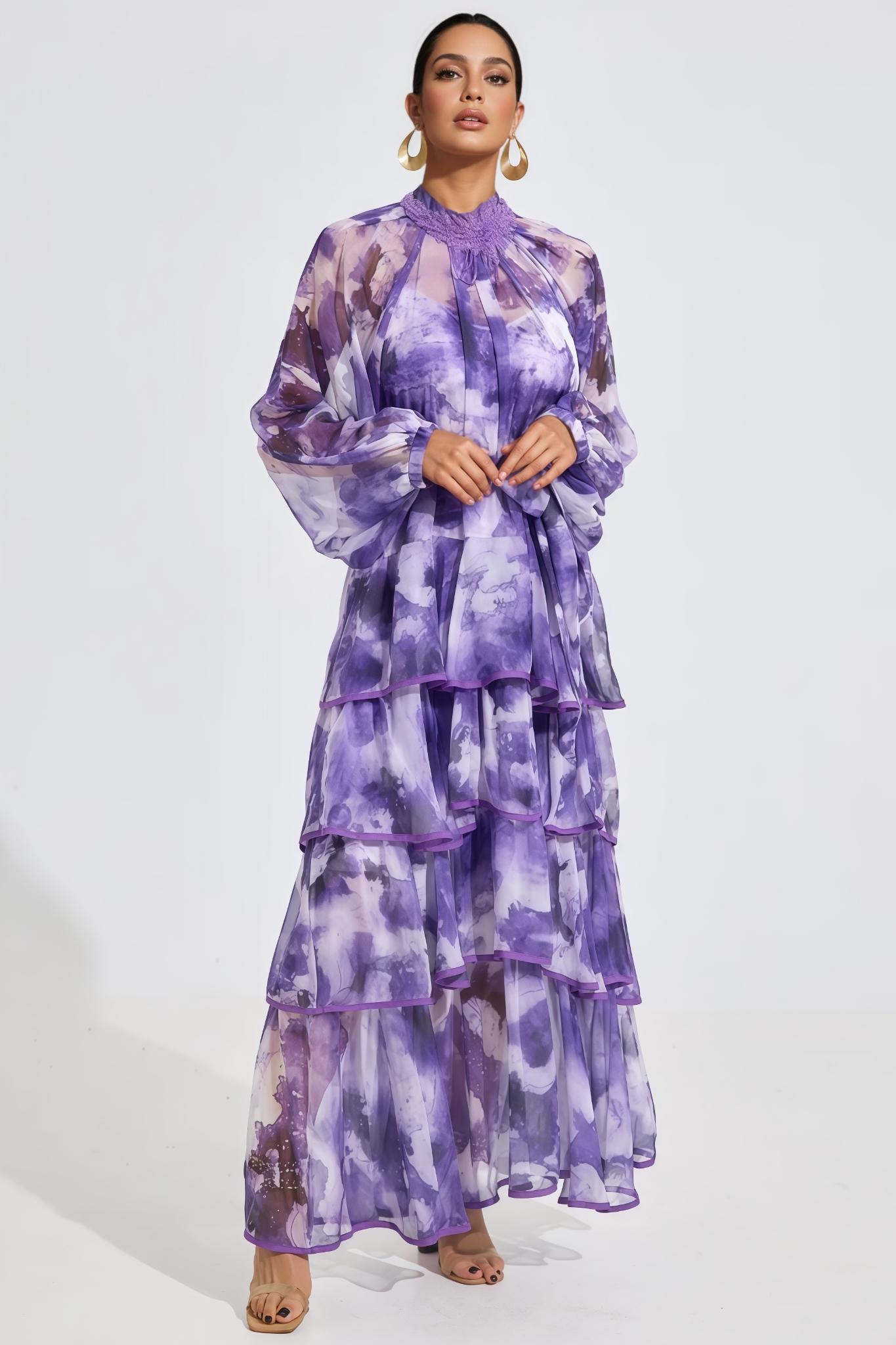 Varend Purple Printed Ruffled Maxi Dress