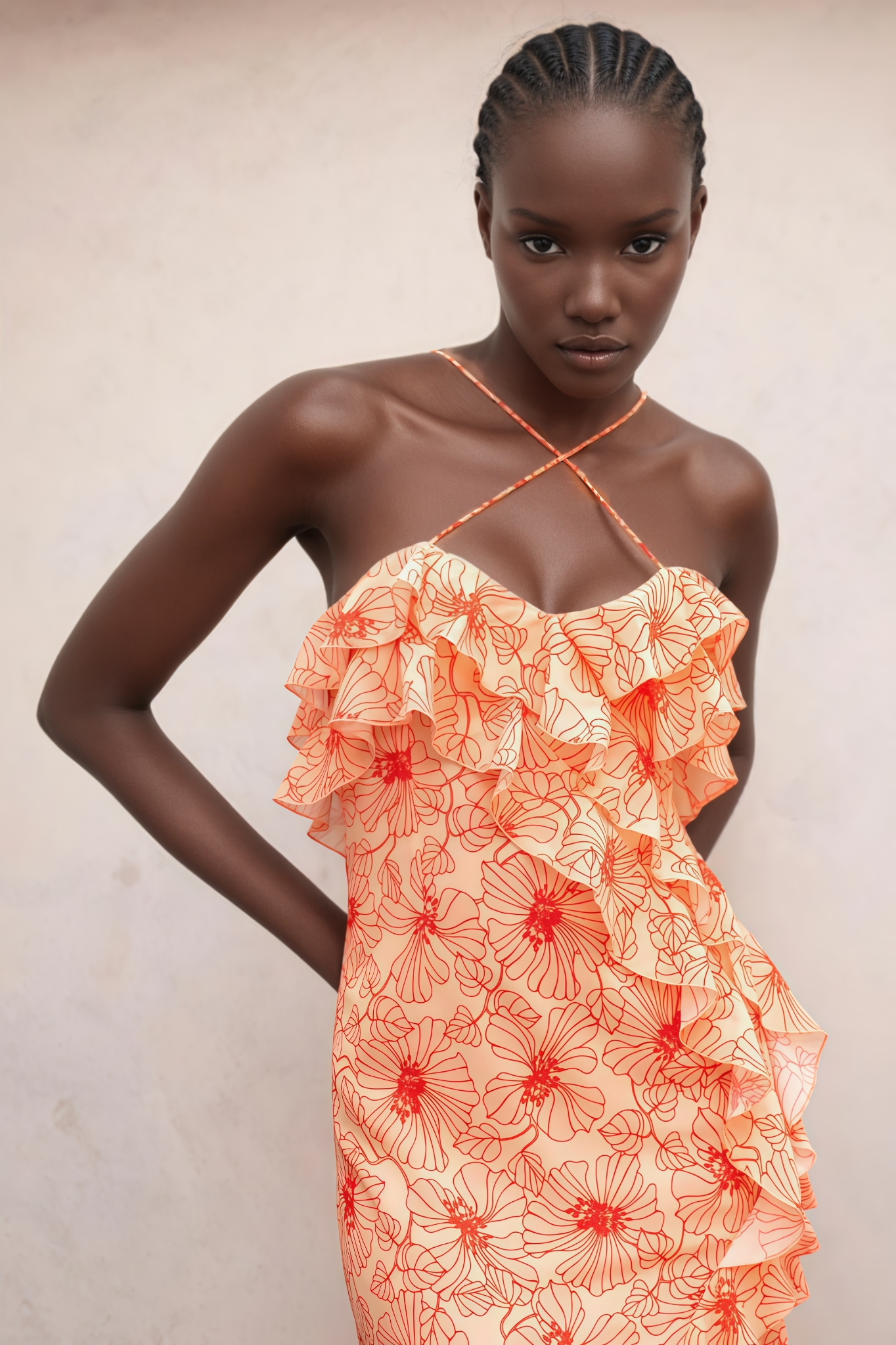 Oryalty Ruffled Floral Slit Midi Dress