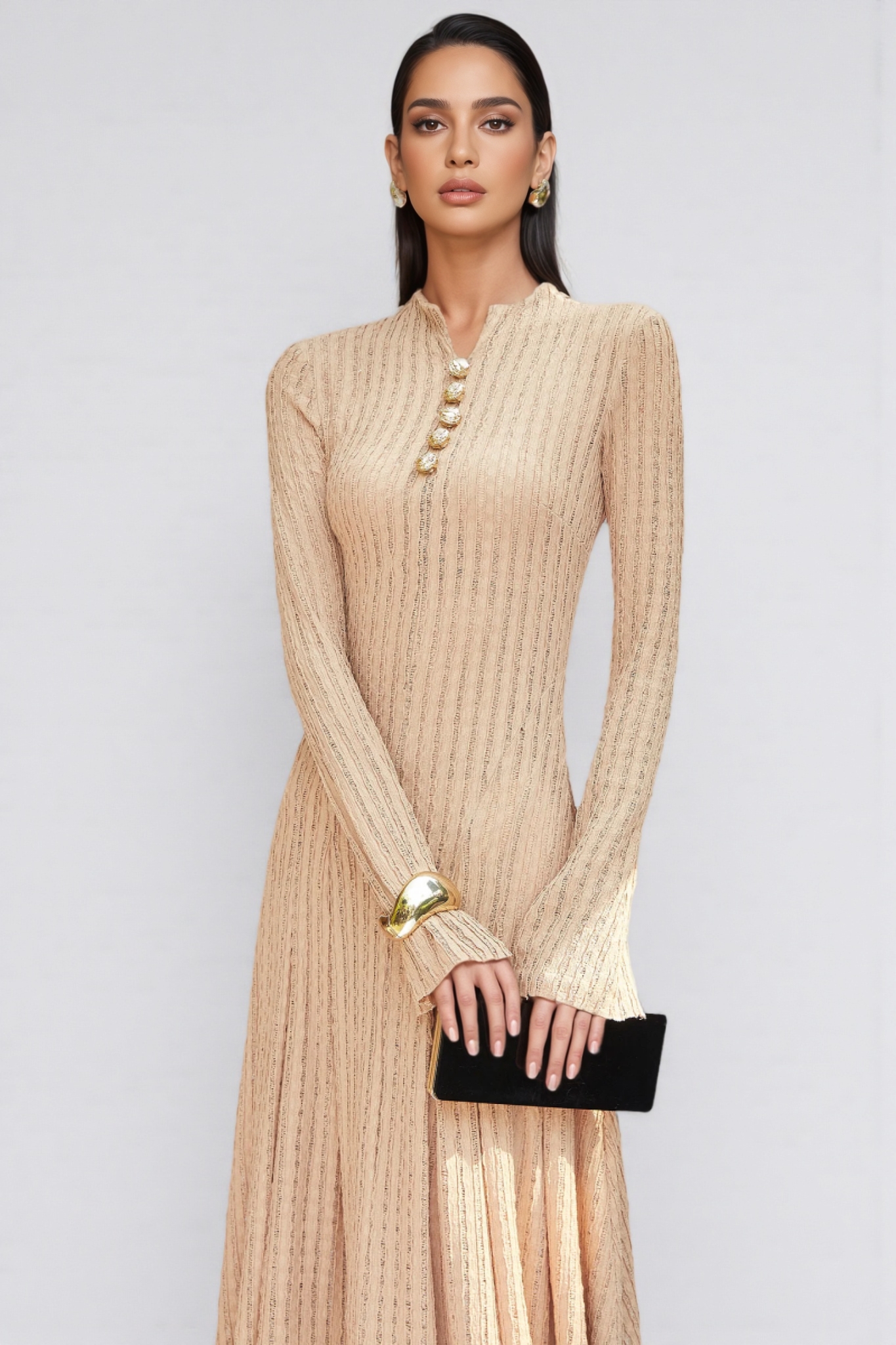 Dreyaty Beige Long Sleeve Maxi Dress