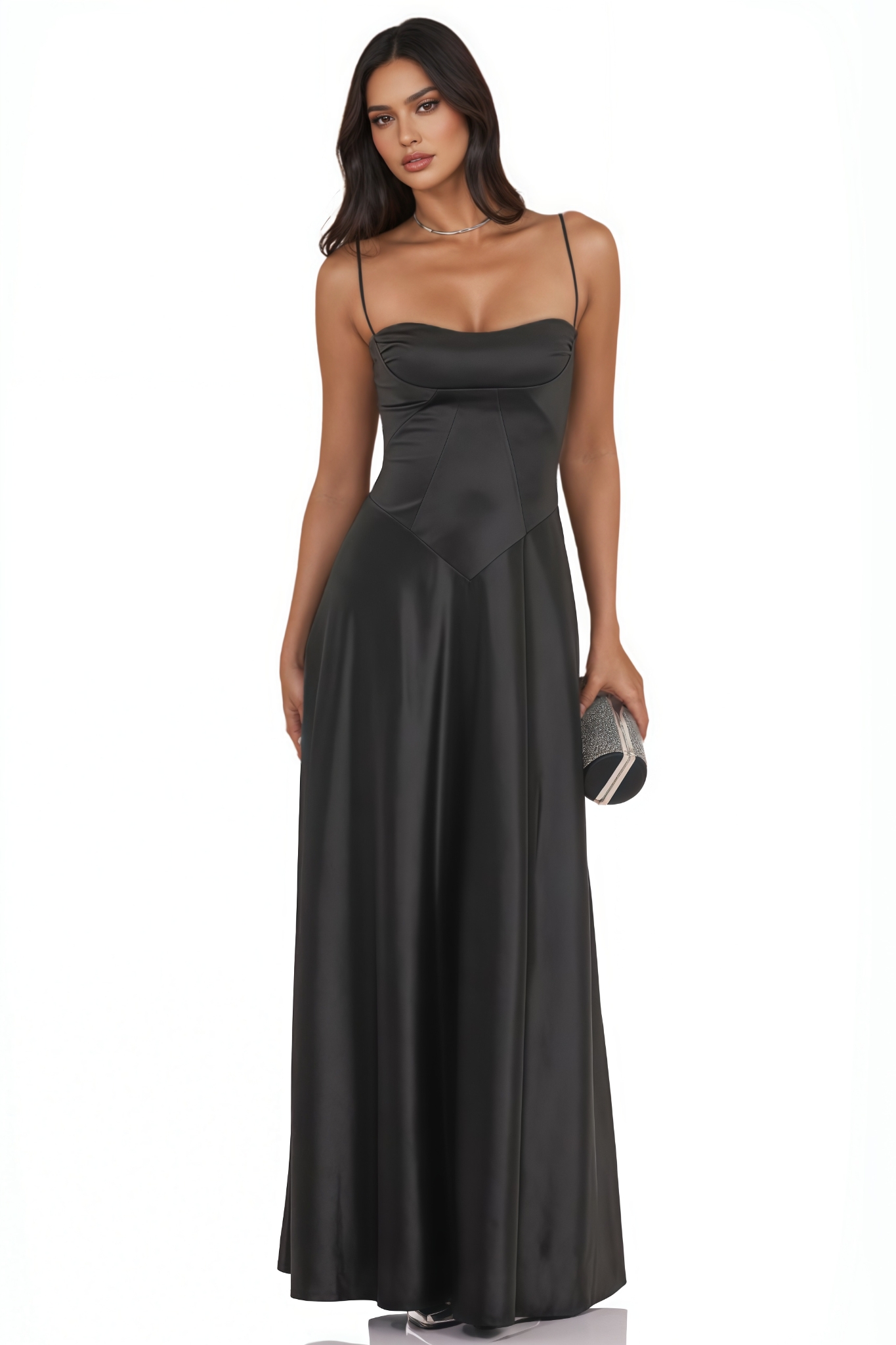 Haznel Black Satin Square Neck Maxi Dress