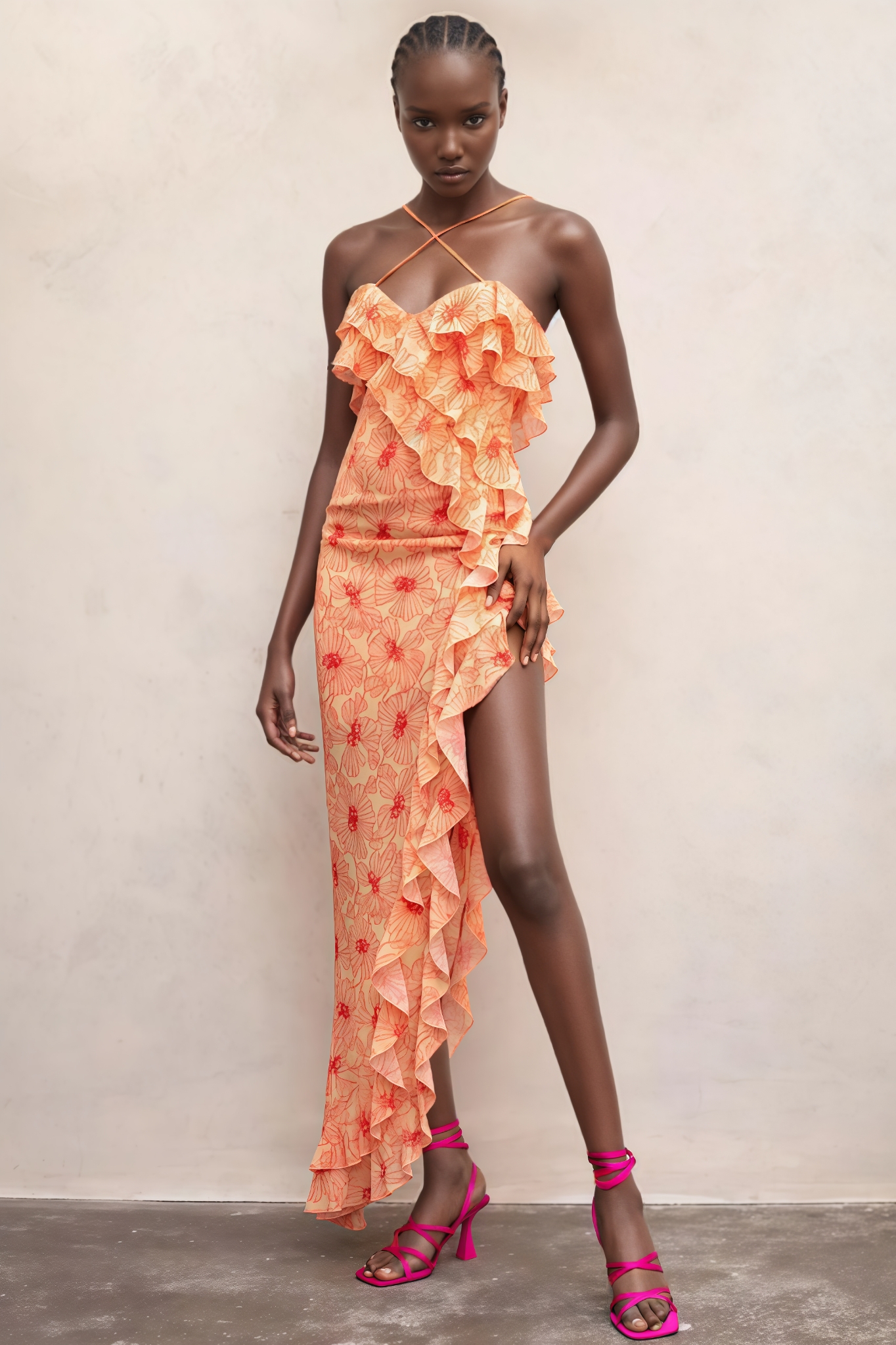 Oryalty Ruffled Floral Slit Midi Dress