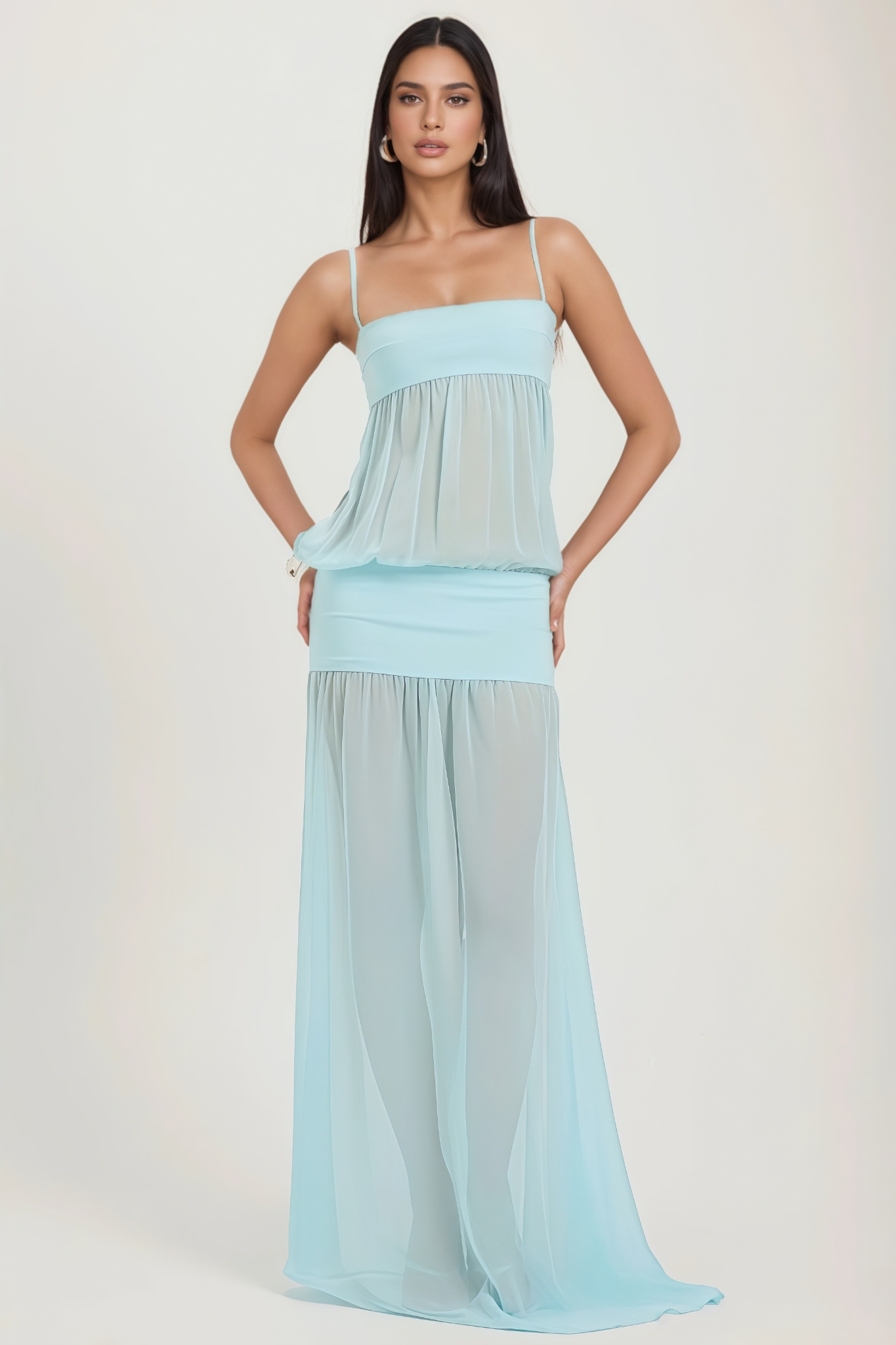 Elanort Blue Halter Mesh Maxi Dress