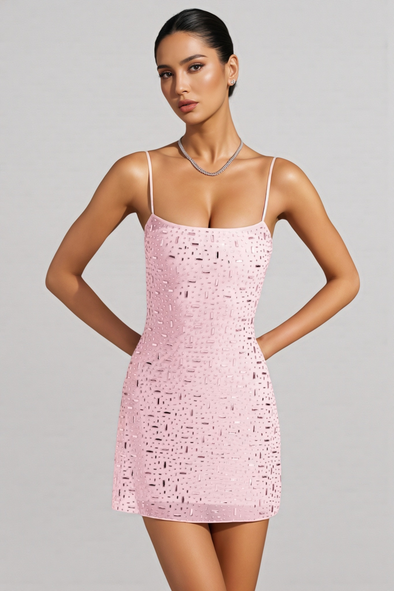 Kerra Sheer Embellished Square-Neck Mini Dress