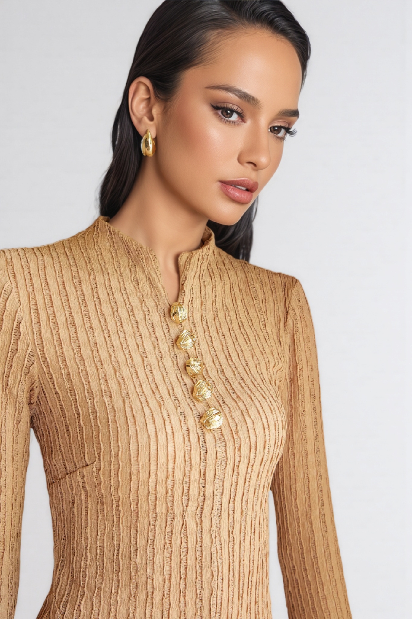 Dreyaty Beige Long Sleeve Maxi Dress