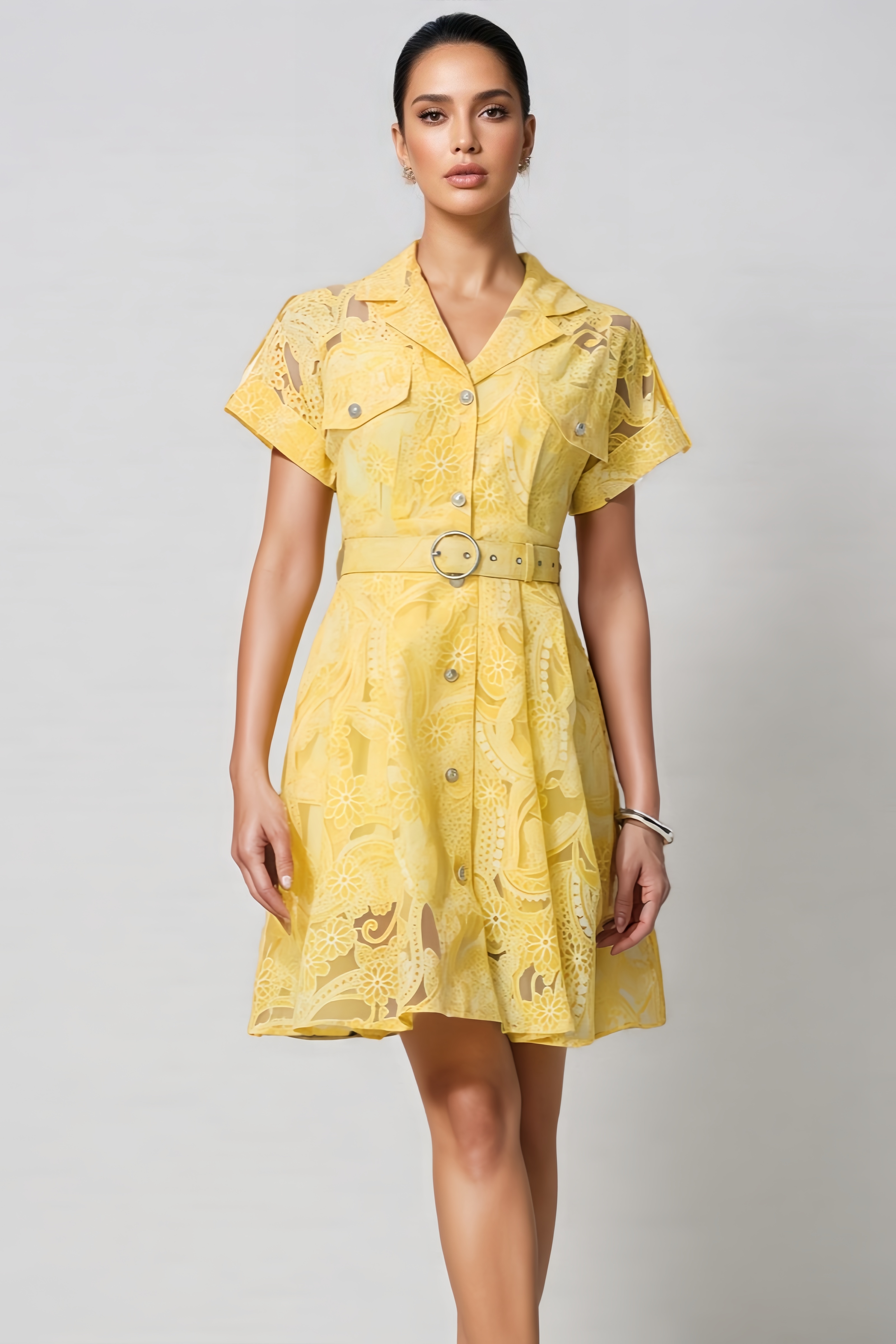 Jeyir Yellow Short Sleeve Lace Mini Dress