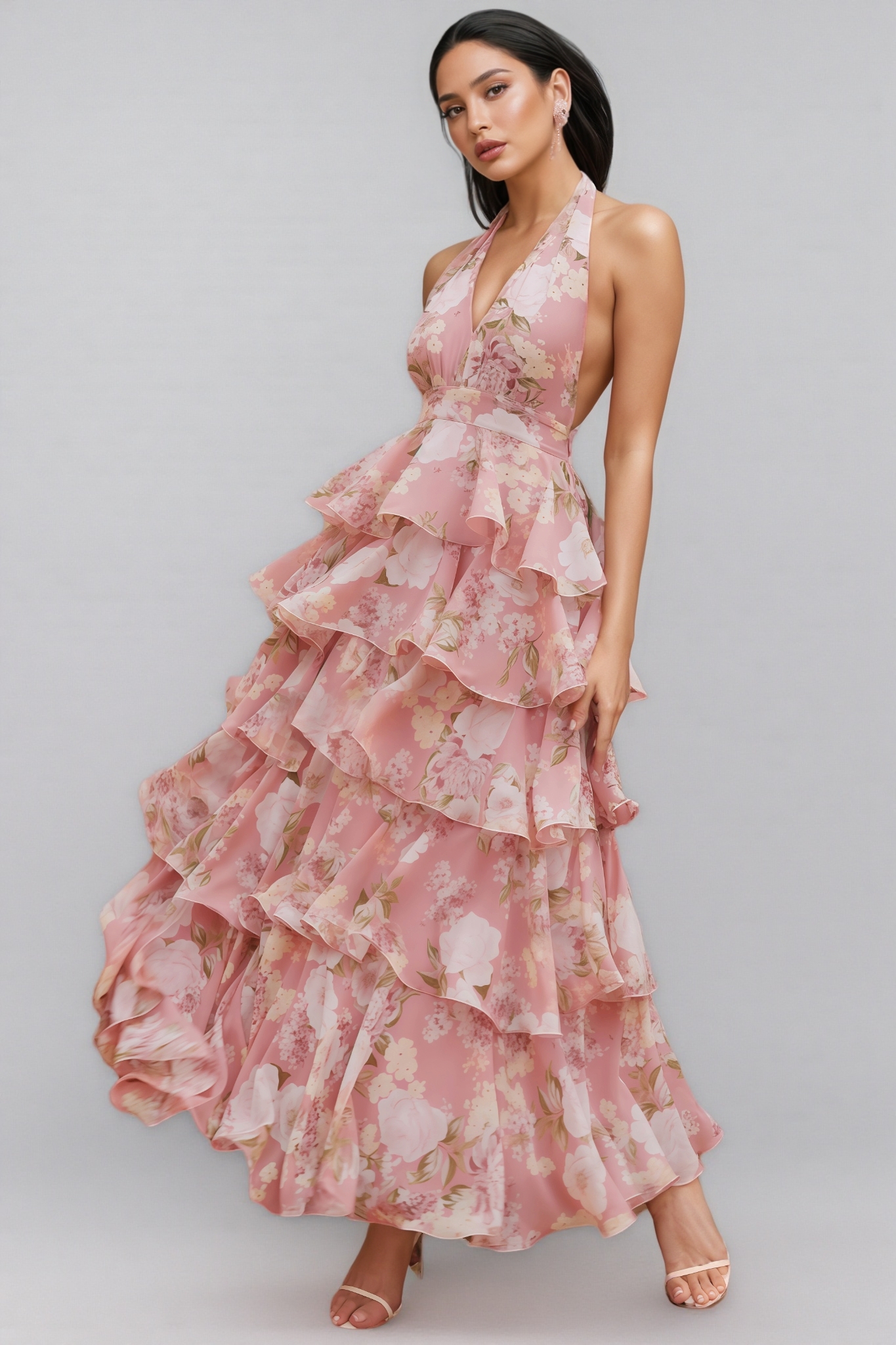 Isoldt Pink Open Back Tiered Maxi Dress