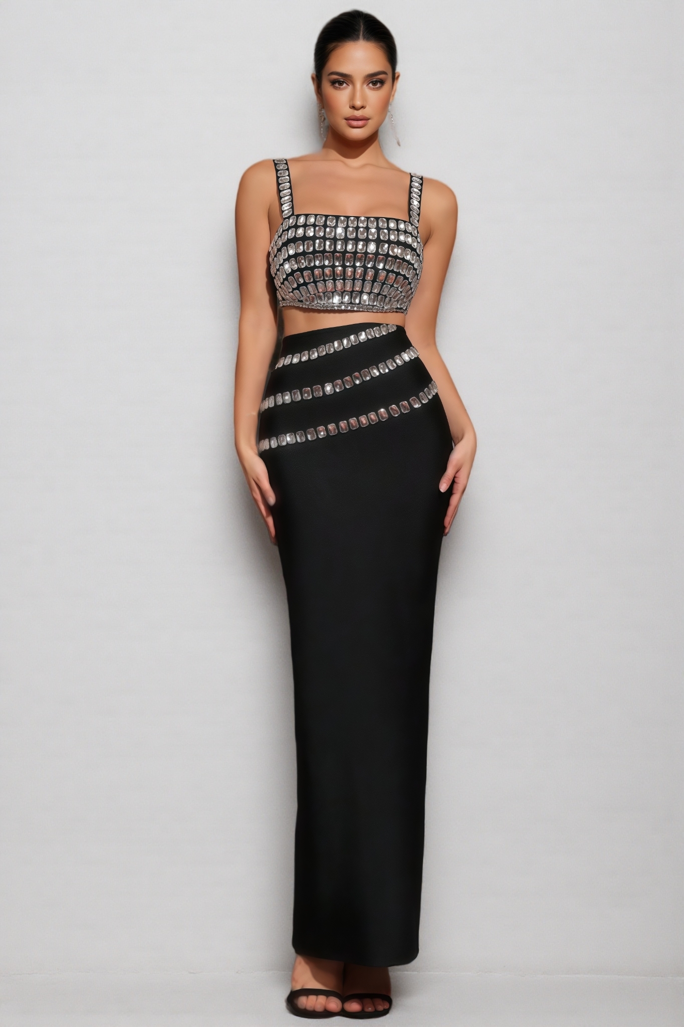 Megan Black Diamond Studded Maxi Dress Set